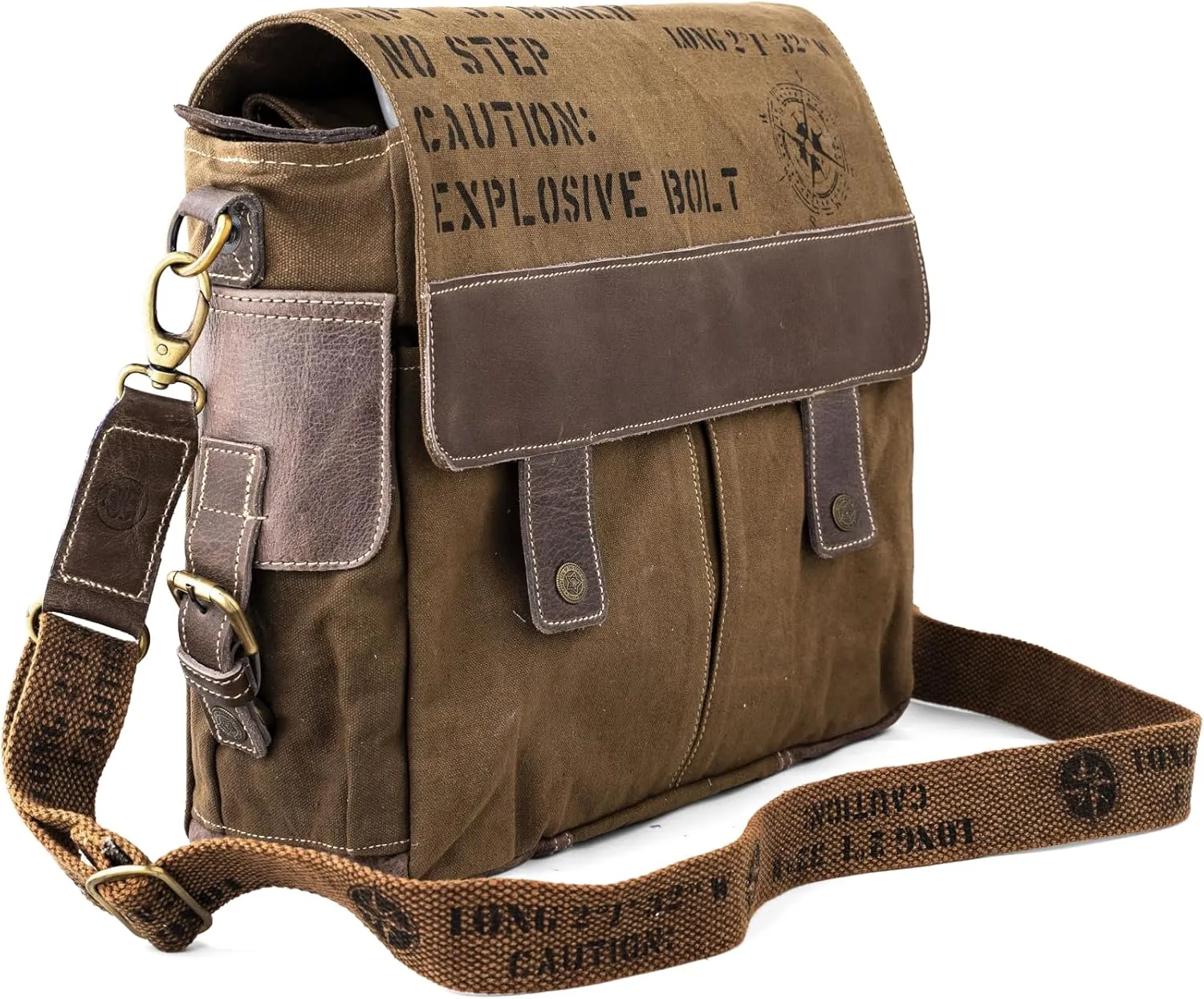 3B-Upcycled Vintage Military Leather Canvas Shoulder Bag Laptop Messenger Bags Medium Crossbody Purse, Boho Bag with 2 Straps