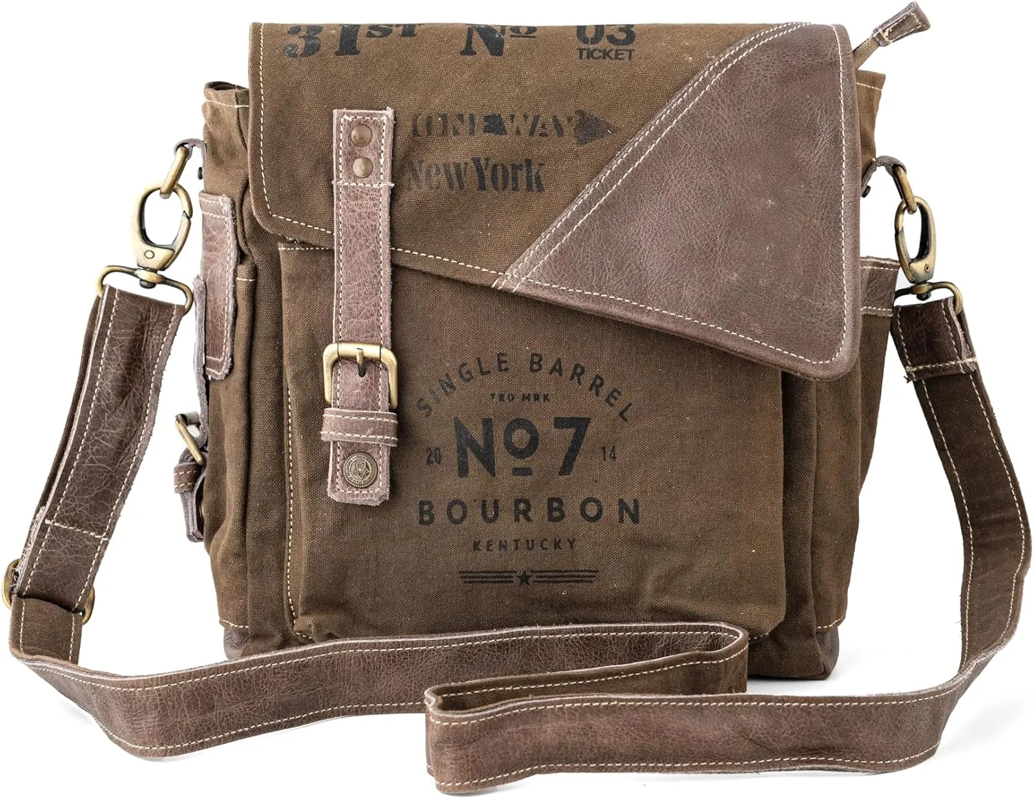 3B-Vintage Print Upcycled Military Leather Canvas Shoulder Bag Laptop Messenger Bags Medium Crossbody 2 Straps