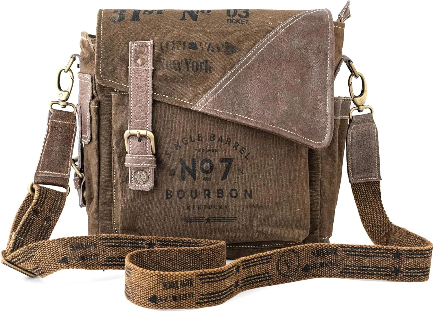 3B-Vintage Print Upcycled Military Leather Canvas Shoulder Bag Laptop Messenger Bags Medium Crossbody 2 Straps