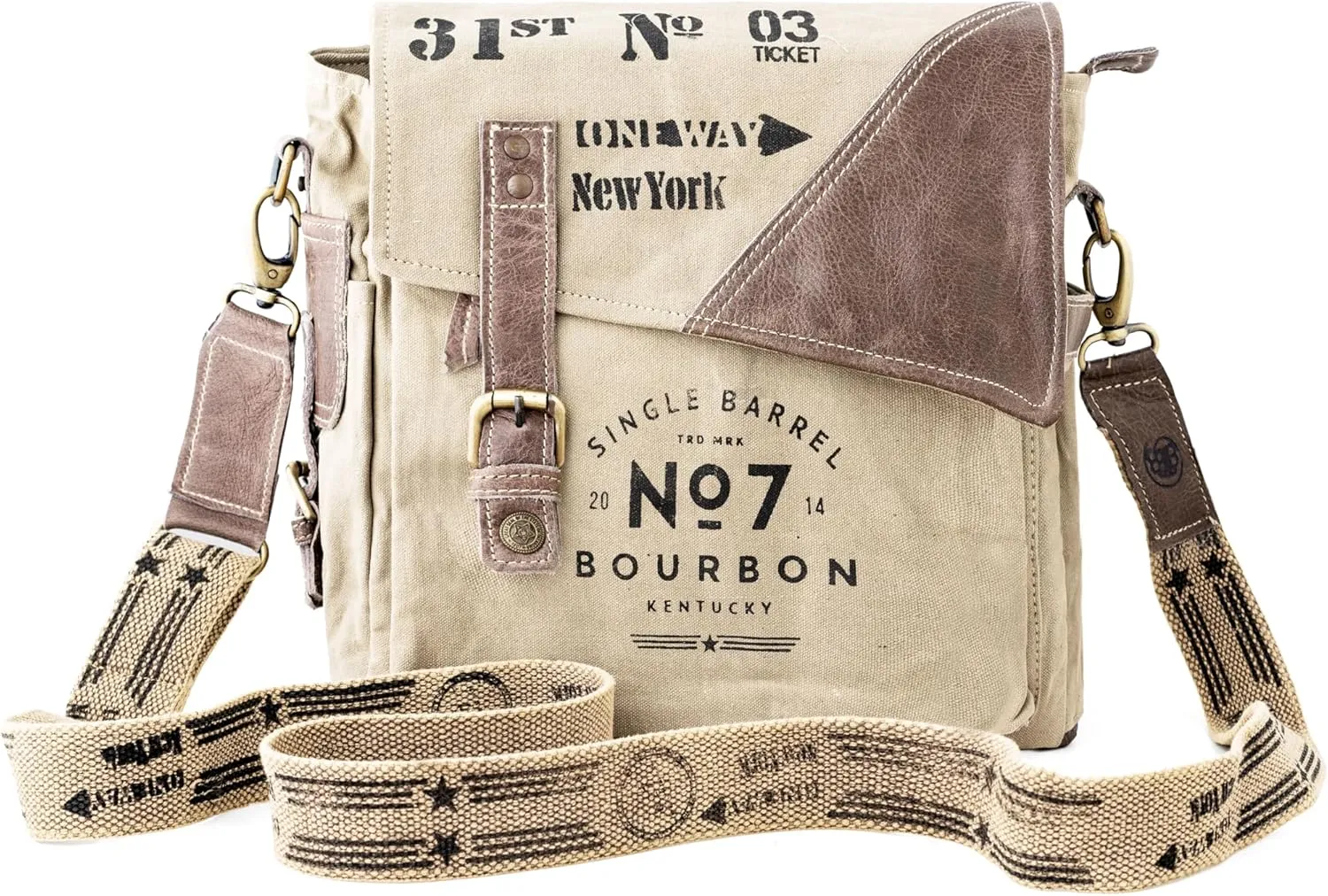 3B-Vintage Print Upcycled Military Leather Canvas Shoulder Bag Laptop Messenger Bags Medium Crossbody 2 Straps