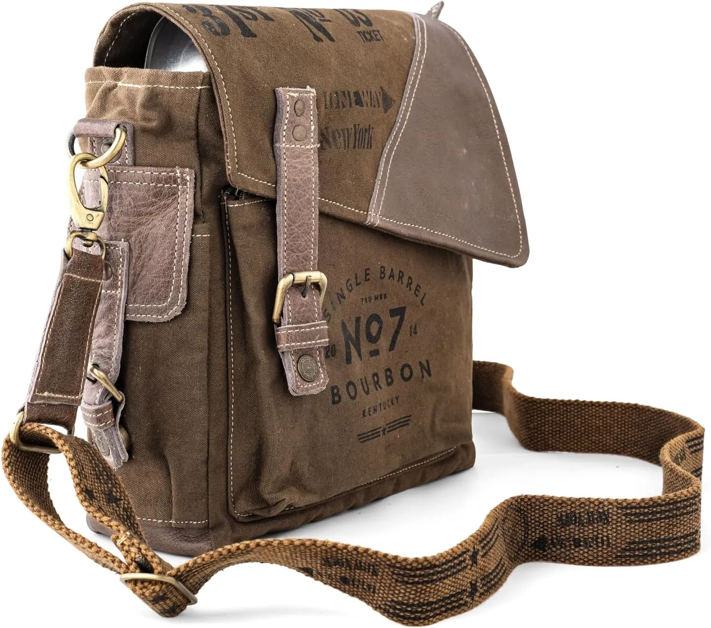 3B-Vintage Print Upcycled Military Leather Canvas Shoulder Bag Laptop Messenger Bags Medium Crossbody 2 Straps
