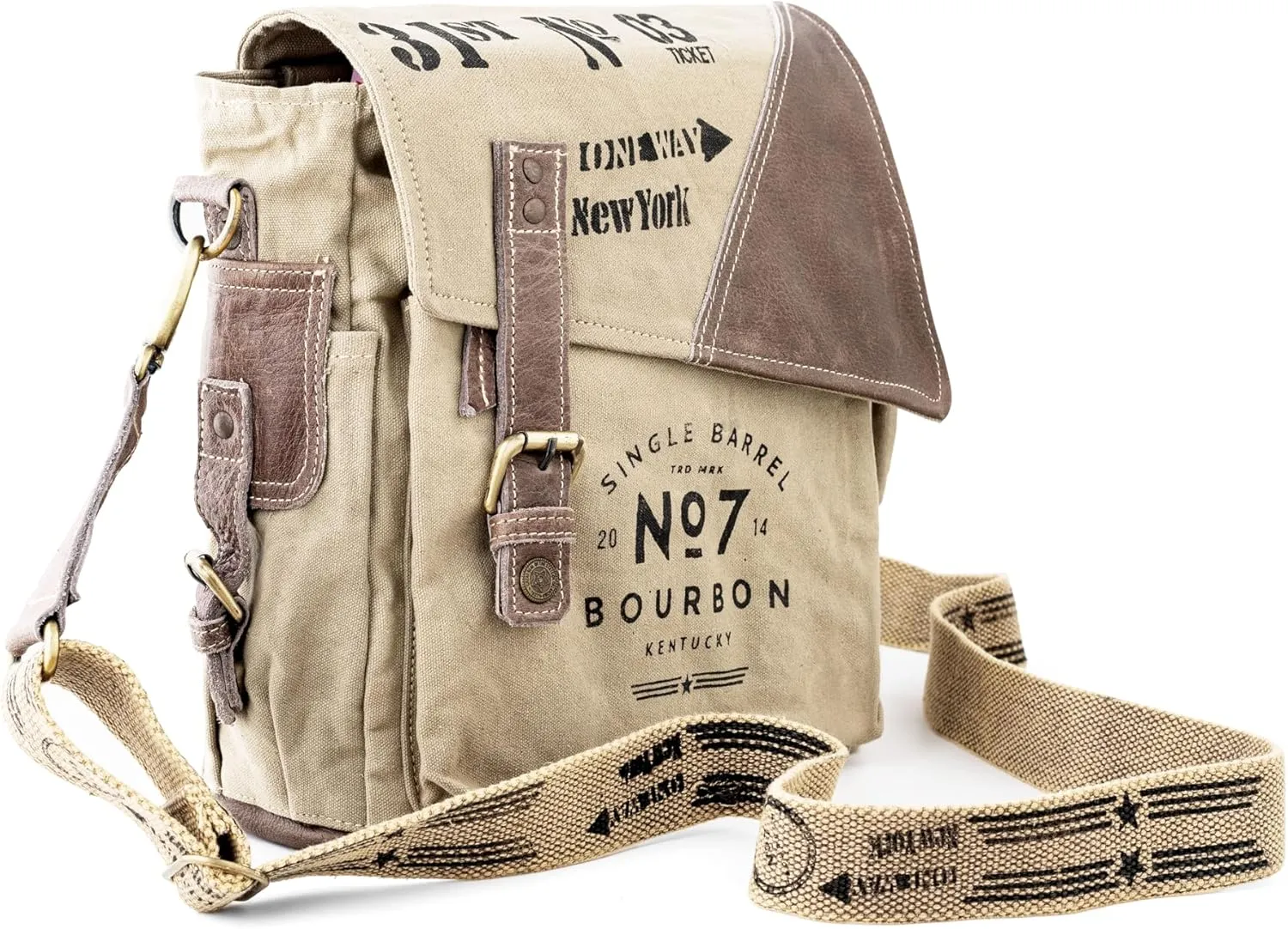 3B-Vintage Print Upcycled Military Leather Canvas Shoulder Bag Laptop Messenger Bags Medium Crossbody 2 Straps