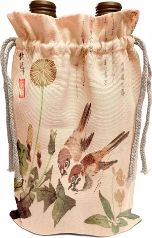 3dRose Japanese Vintage Art Sparrow Birds and Dandelion Flowers Beige... - Wine Bags (wbg-364633-1)