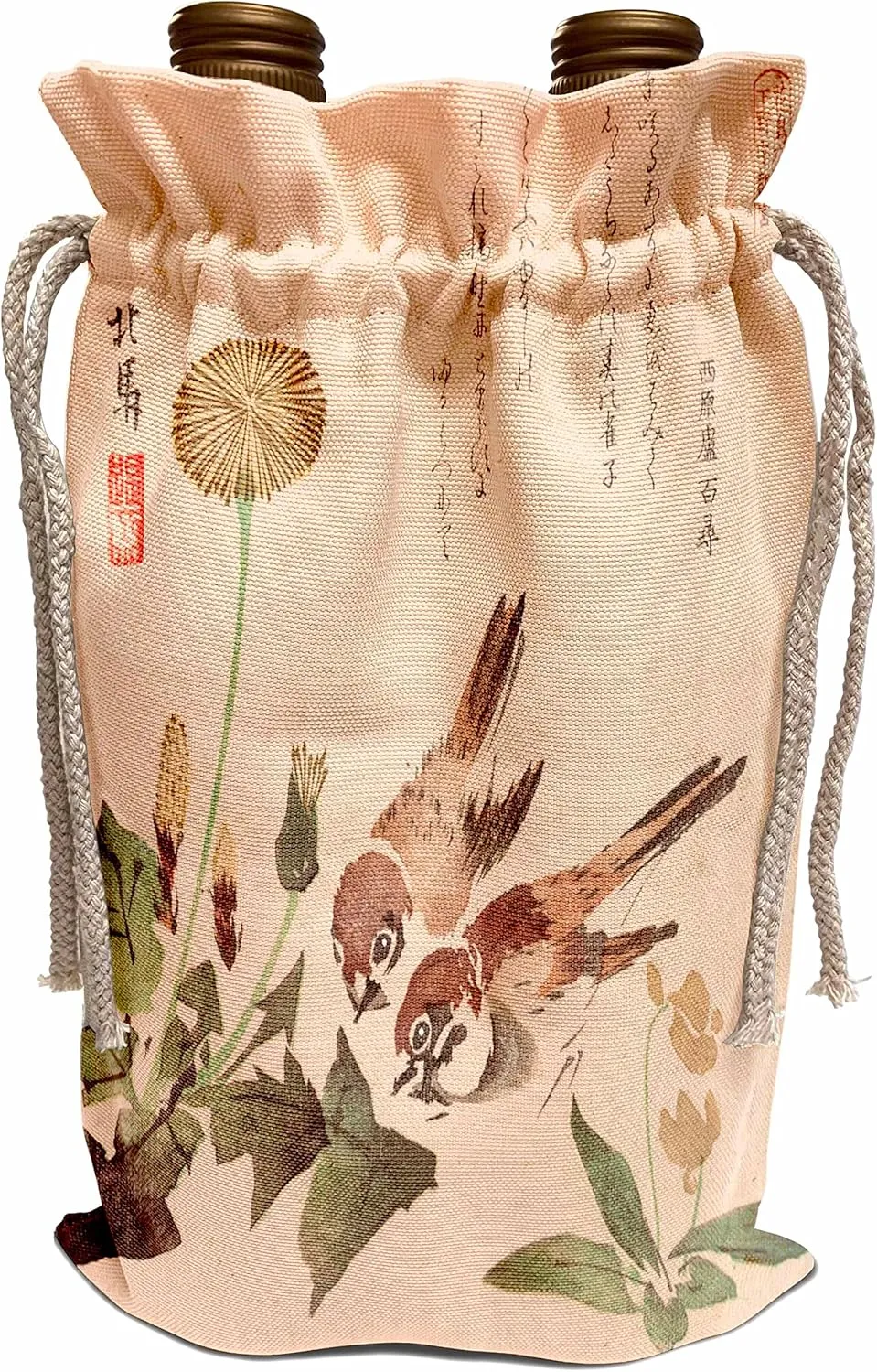 3dRose Japanese Vintage Art Sparrow Birds and Dandelion Flowers Beige... - Wine Bags (wbg-364633-1)