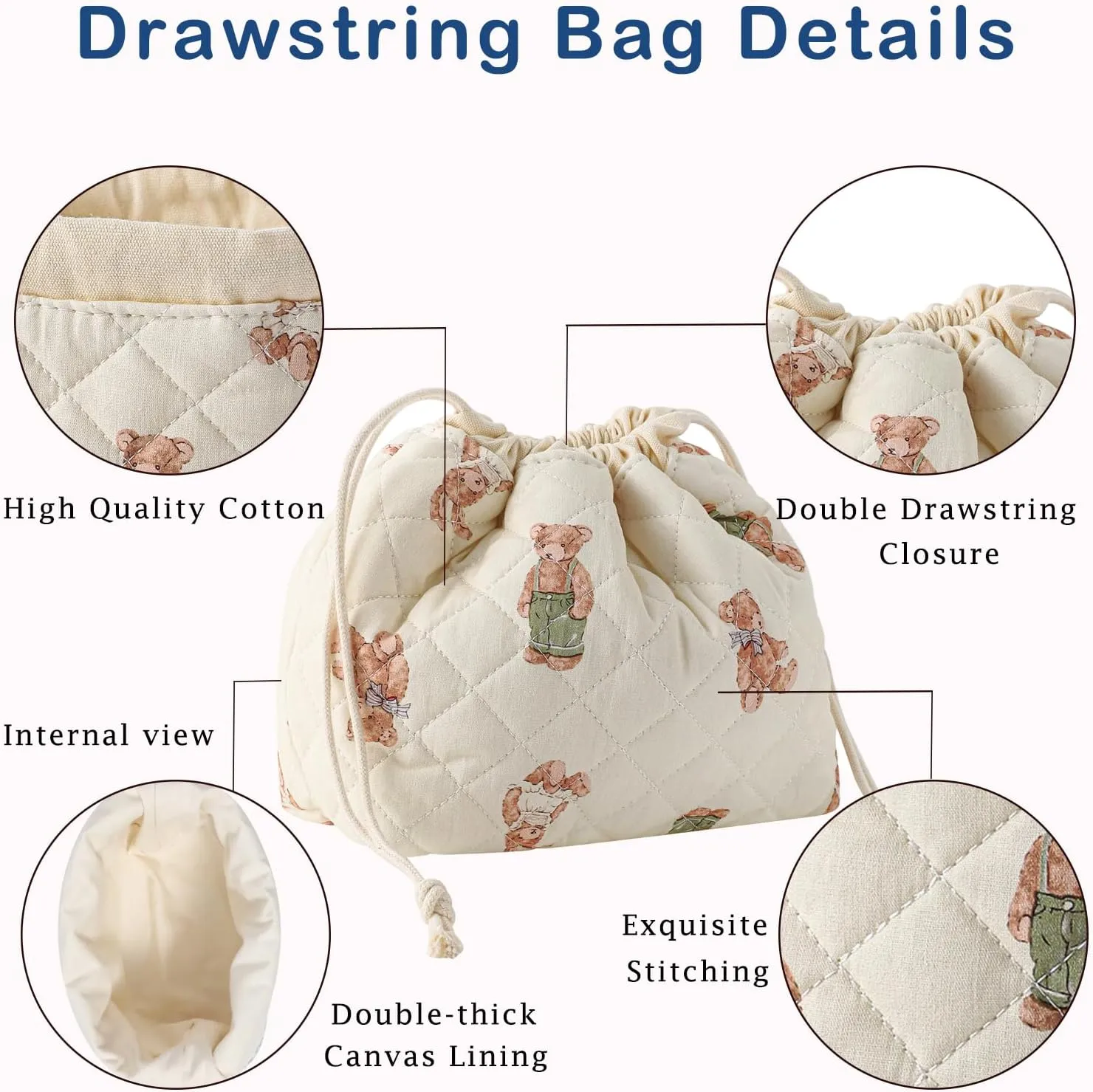 3Pcs Aesthetic Cotton Quilted Drawstring Makeup Bag Set, Aesthetic Cute Bow Makeup Pouch for Girls and Women, Aesthetic Travel Organized Cosmetic Bags for Purse(01Bear)