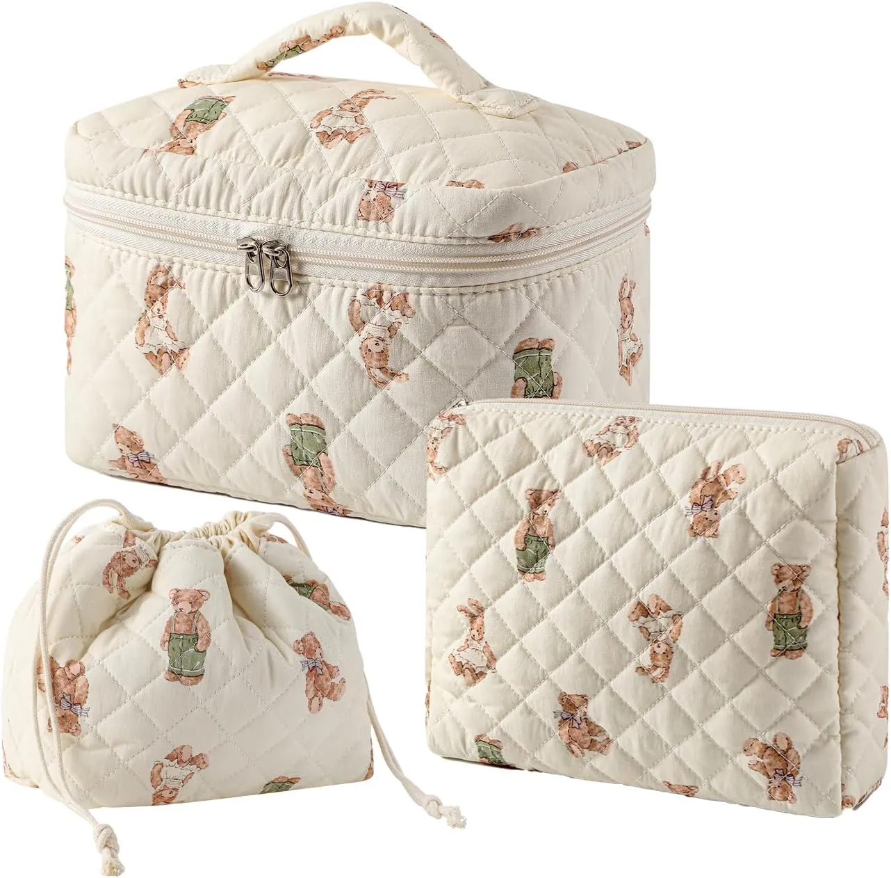 3Pcs Aesthetic Cotton Quilted Drawstring Makeup Bag Set, Aesthetic Cute Bow Makeup Pouch for Girls and Women, Aesthetic Travel Organized Cosmetic Bags for Purse(01Bear)