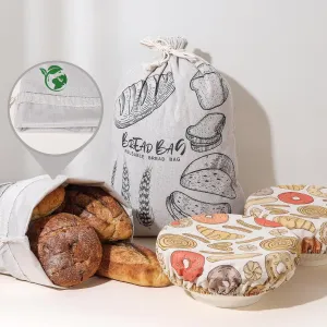 4 Pack Premium Reusable Linen Bread Bags with Plastic Lining - Perfect for Homemade Bread & Sourdough