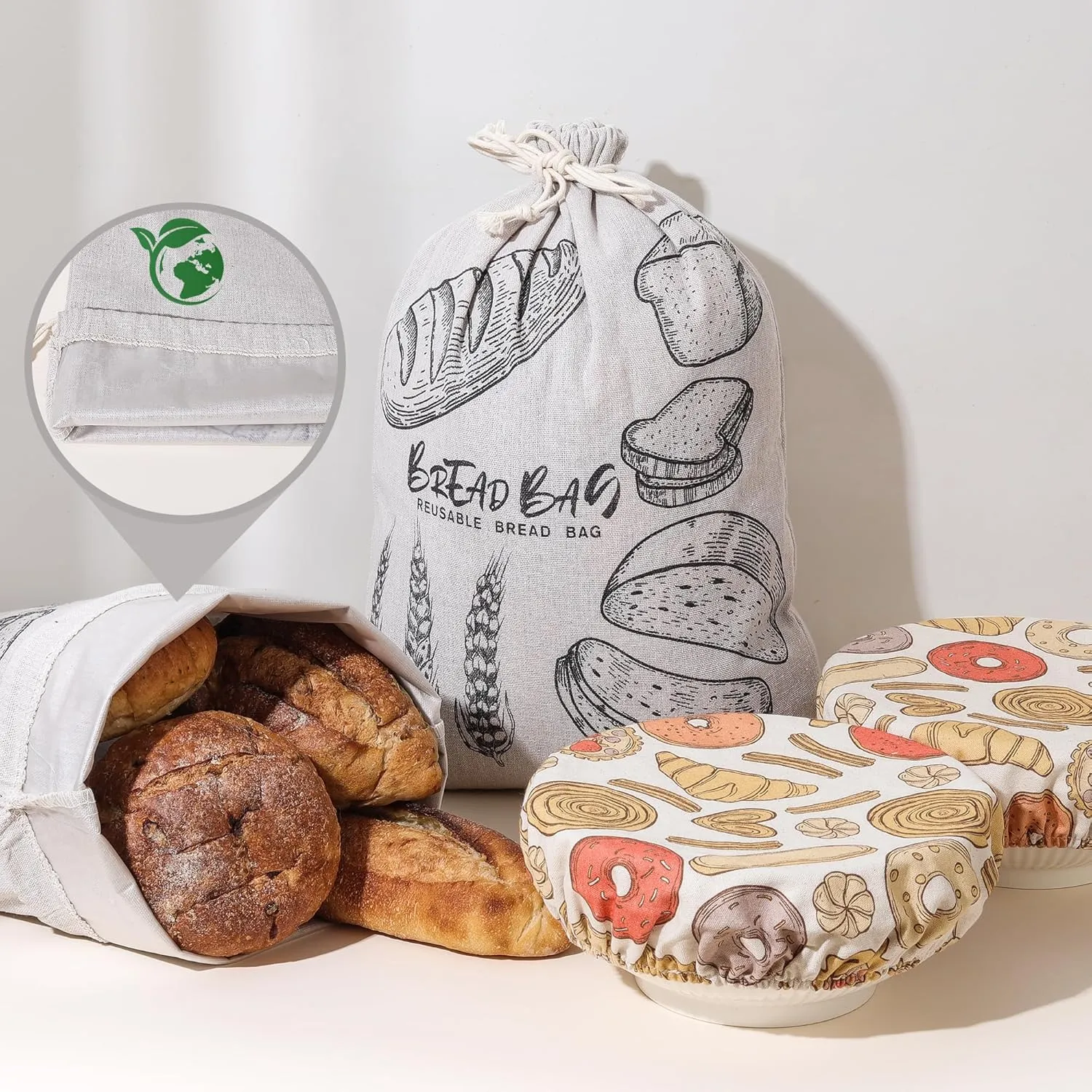 4 Pack Premium Reusable Linen Bread Bags with Plastic Lining - Perfect for Homemade Bread & Sourdough