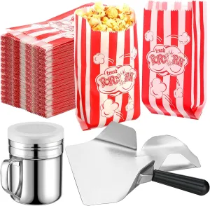 502 Pieces Popcorn Machine Supplies Set Includes 500 Pcs 1oz Red and White Popcorn Bags Bundle Scoop and Stainless Steel Seasoning Dredge with Handle and Lid Season Salt Shaker