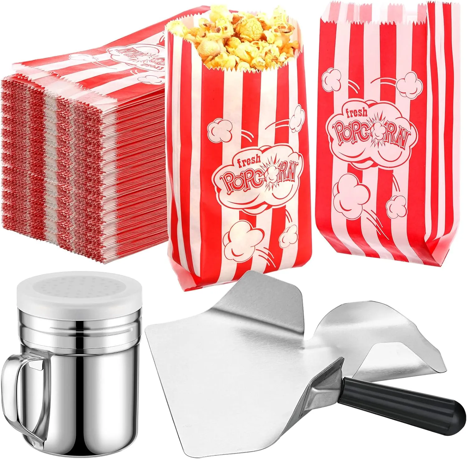 502 Pieces Popcorn Machine Supplies Set Includes 500 Pcs 1oz Red and White Popcorn Bags Bundle Scoop and Stainless Steel Seasoning Dredge with Handle and Lid Season Salt Shaker