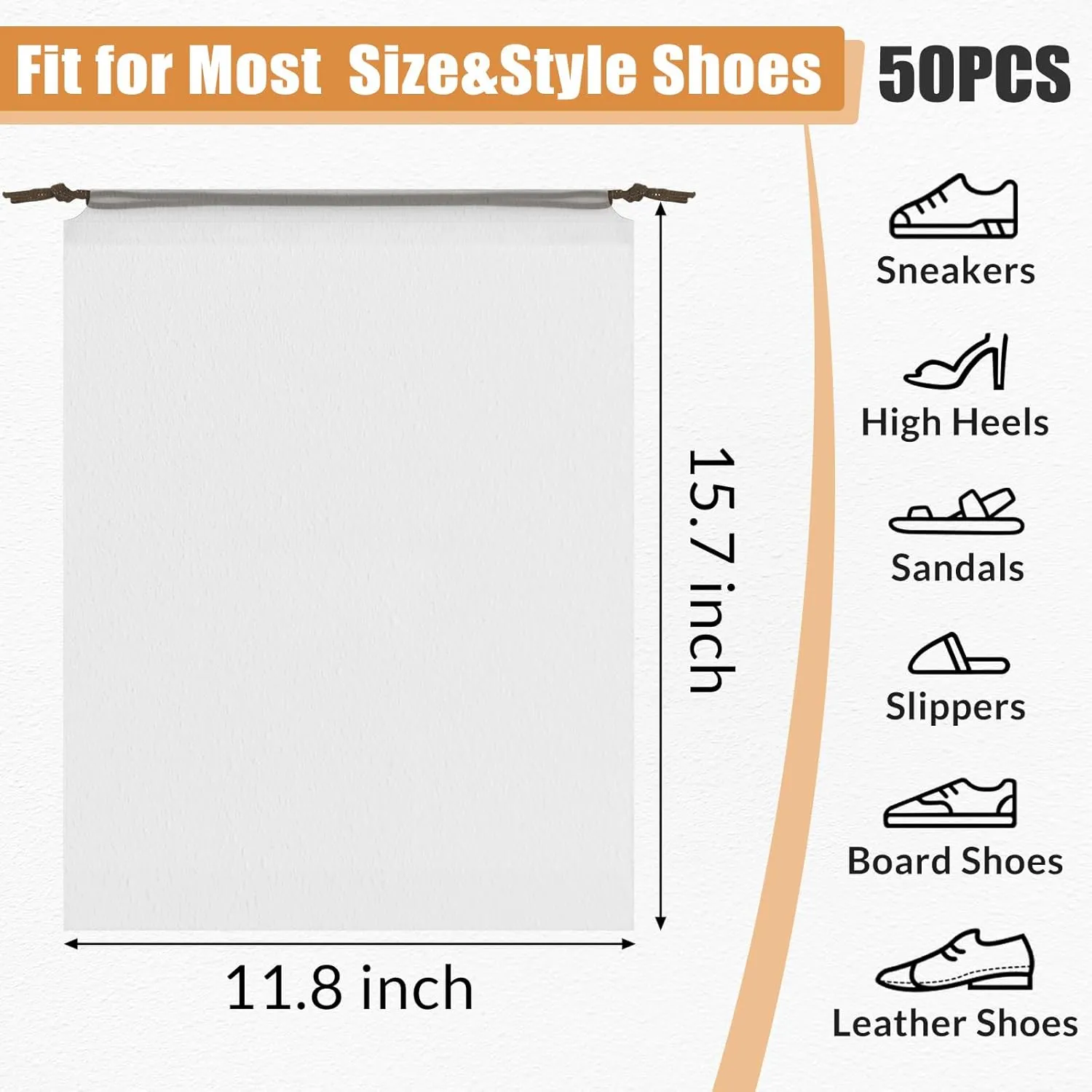 50pcs Clear Shoe Bags for Travel, 15.7" x 11.8" Waterproof Dust Bags with Drawstring, Portable Storage for Men and Women