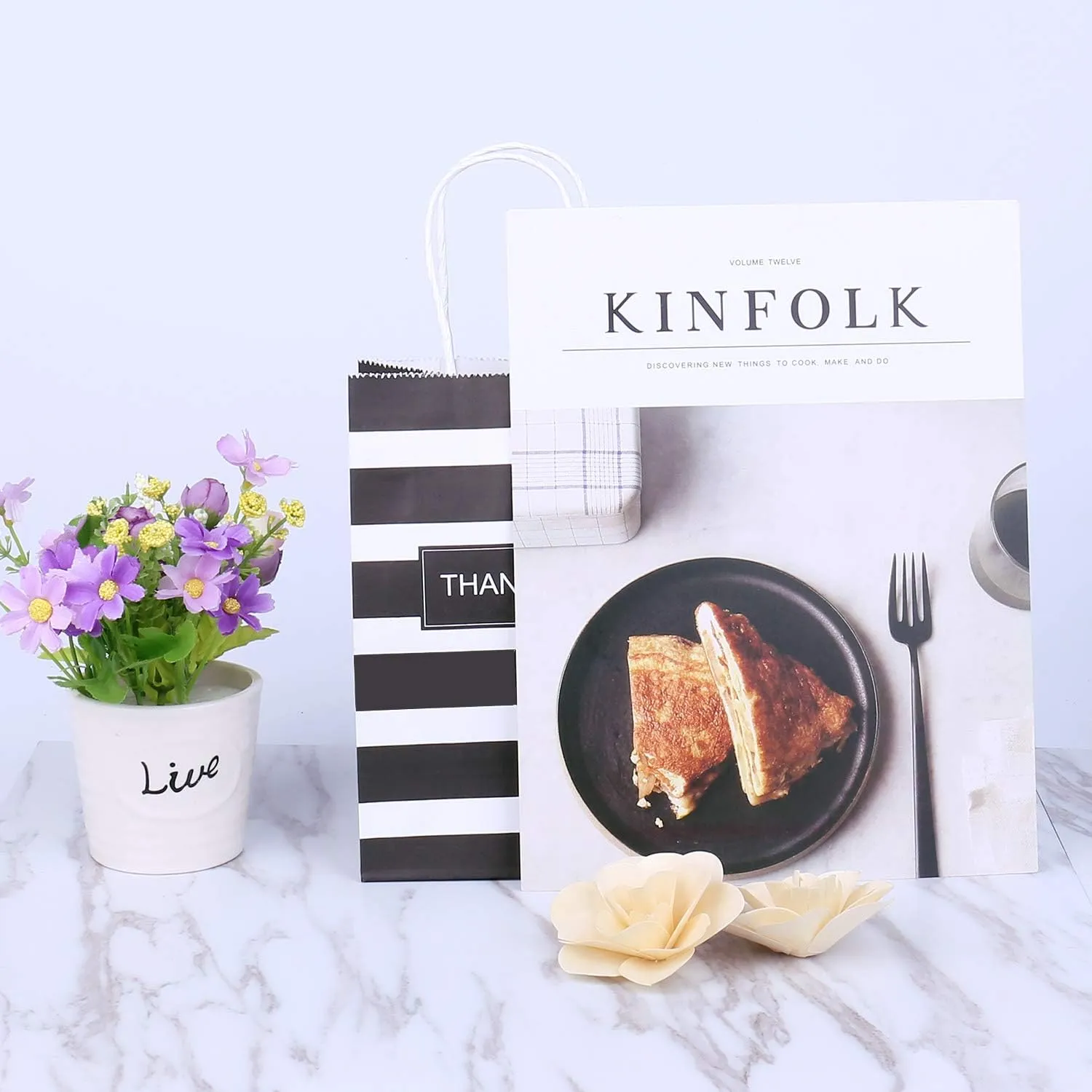 50pcs Gift Bags 5.25x3.25x8 Inches Small Thank You Bags Black And White Striped Paper Bags For Business, Birthday, Party, Goodie, Treat, Shopping, Easter, Mother's Day, Graduation