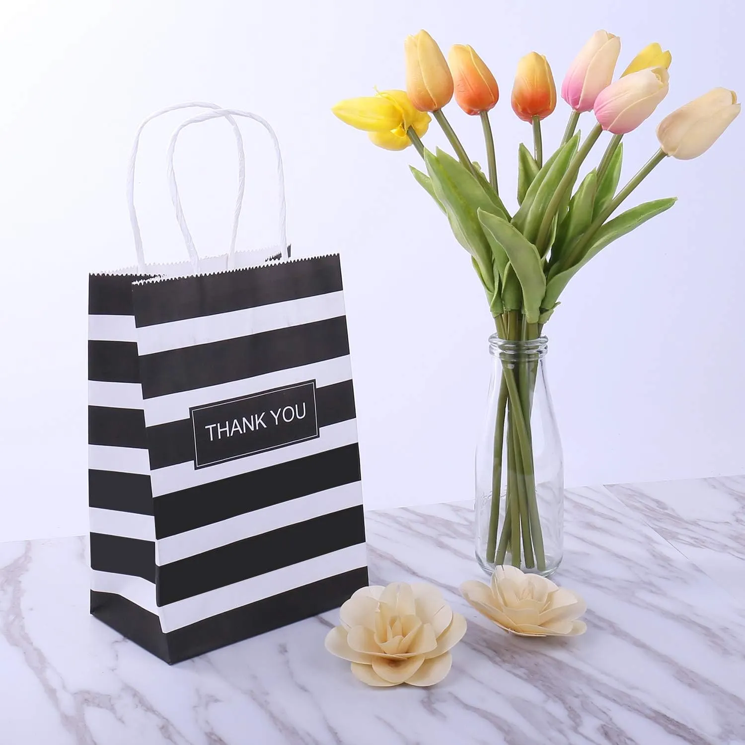 50pcs Gift Bags 5.25x3.25x8 Inches Small Thank You Bags Black And White Striped Paper Bags For Business, Birthday, Party, Goodie, Treat, Shopping, Easter, Mother's Day, Graduation