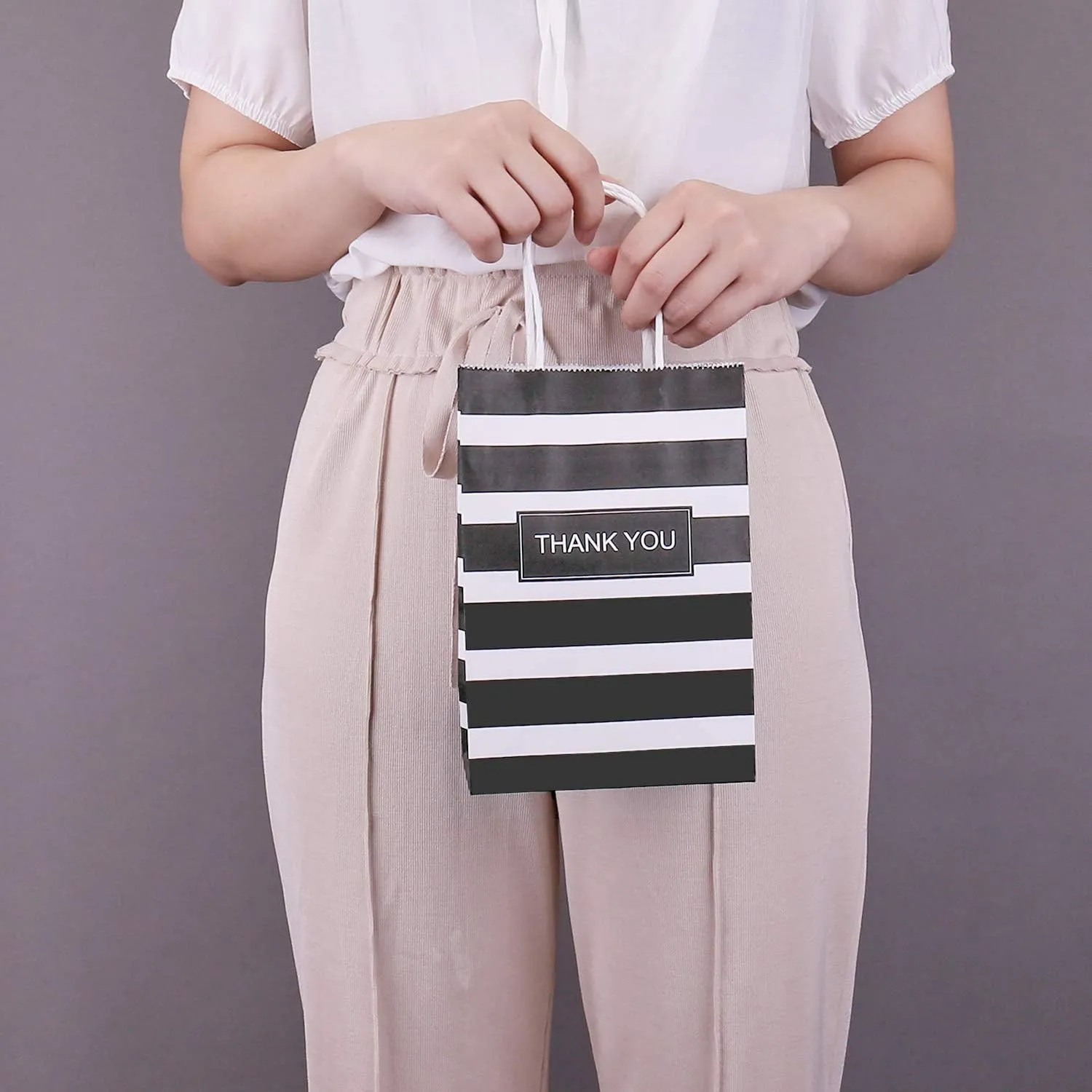 50pcs Gift Bags 5.25x3.25x8 Inches Small Thank You Bags Black And White Striped Paper Bags For Business, Birthday, Party, Goodie, Treat, Shopping, Easter, Mother's Day, Graduation