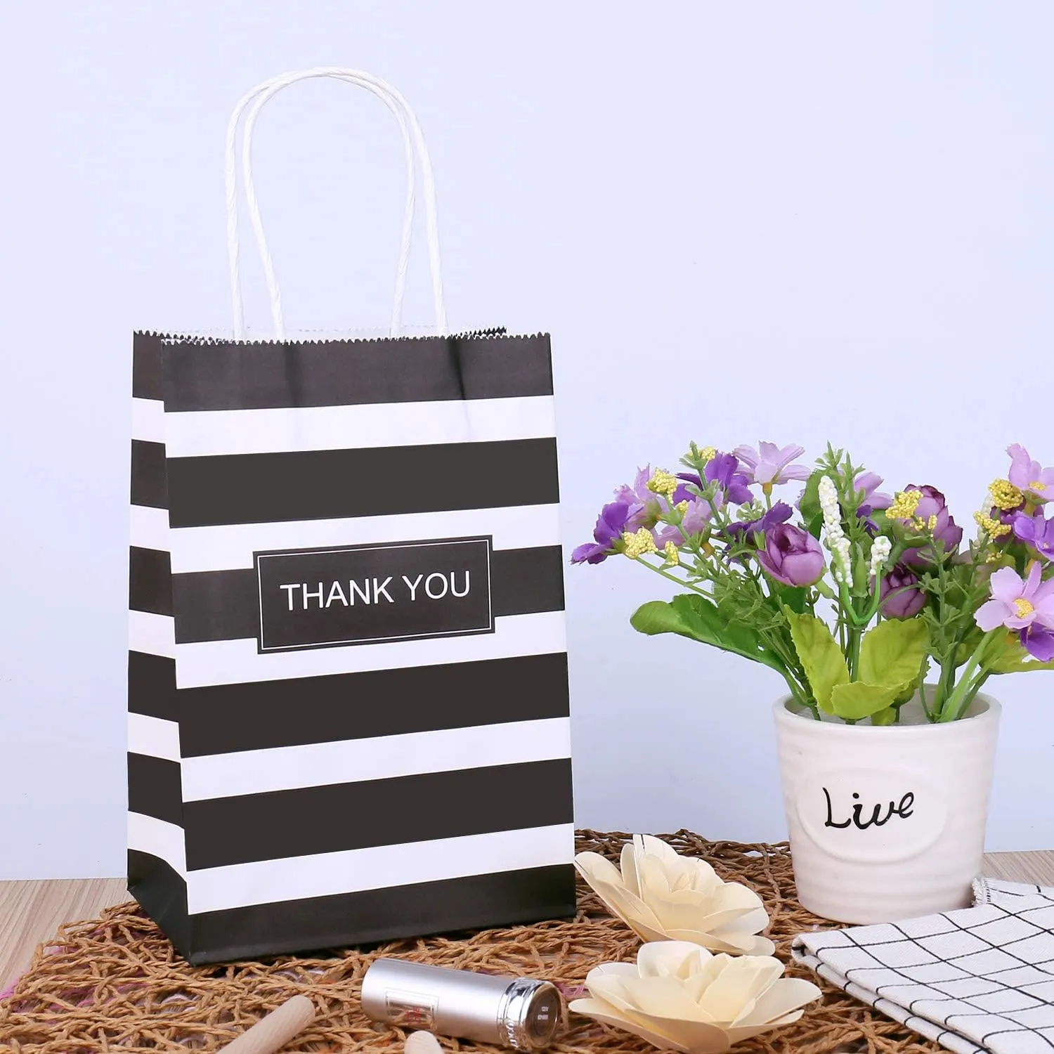 50pcs Gift Bags 5.25x3.25x8 Inches Small Thank You Bags Black And White Striped Paper Bags For Business, Birthday, Party, Goodie, Treat, Shopping, Easter, Mother's Day, Graduation