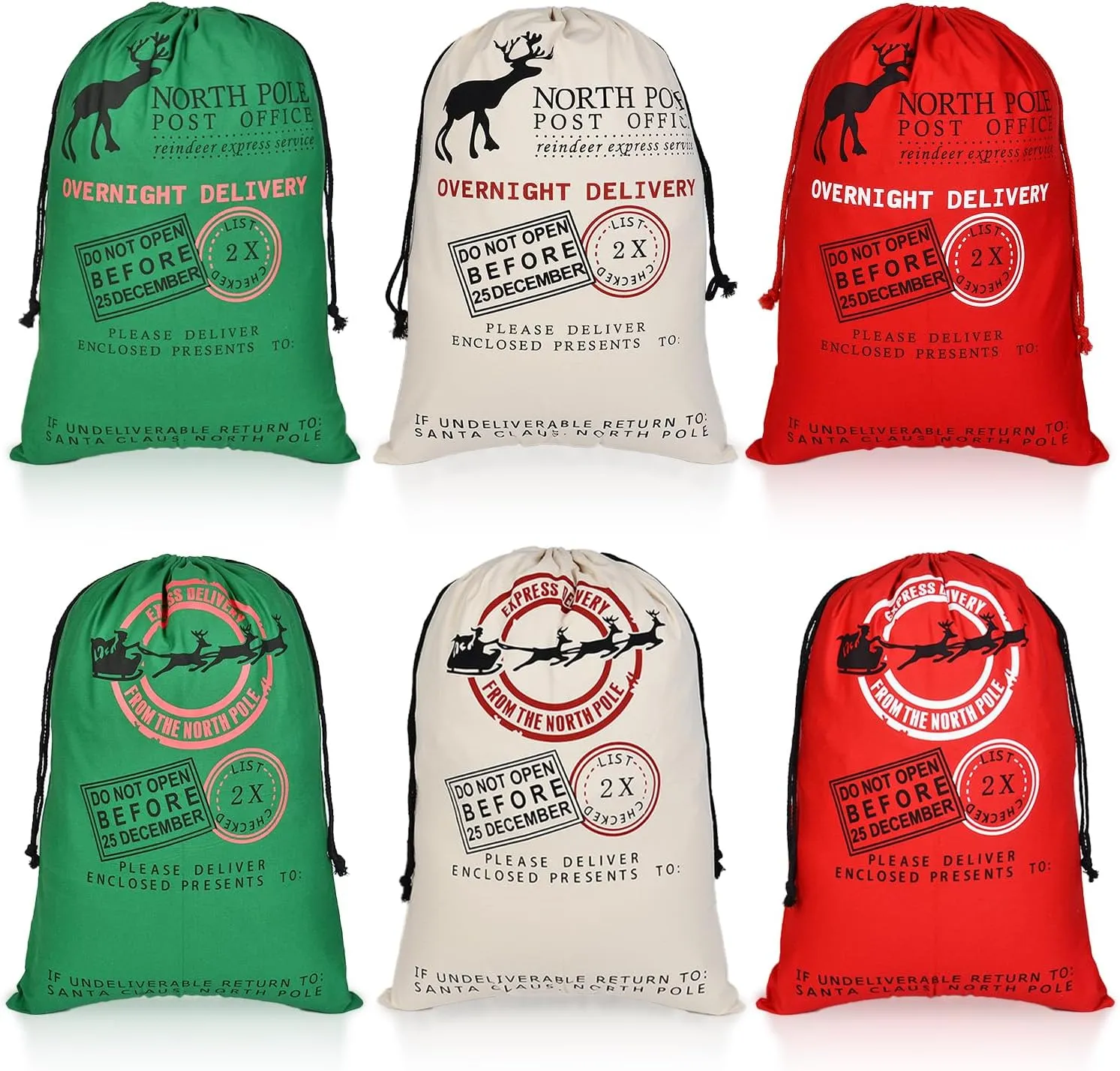 6 Pack Santa Sacks - Large Cotton Canvas Gift Sacks With Drawstrings - Reusable Xmas Stocking & Storage Bags - 27.5" x 19.5" - Christmas Party Supplies & Presents
