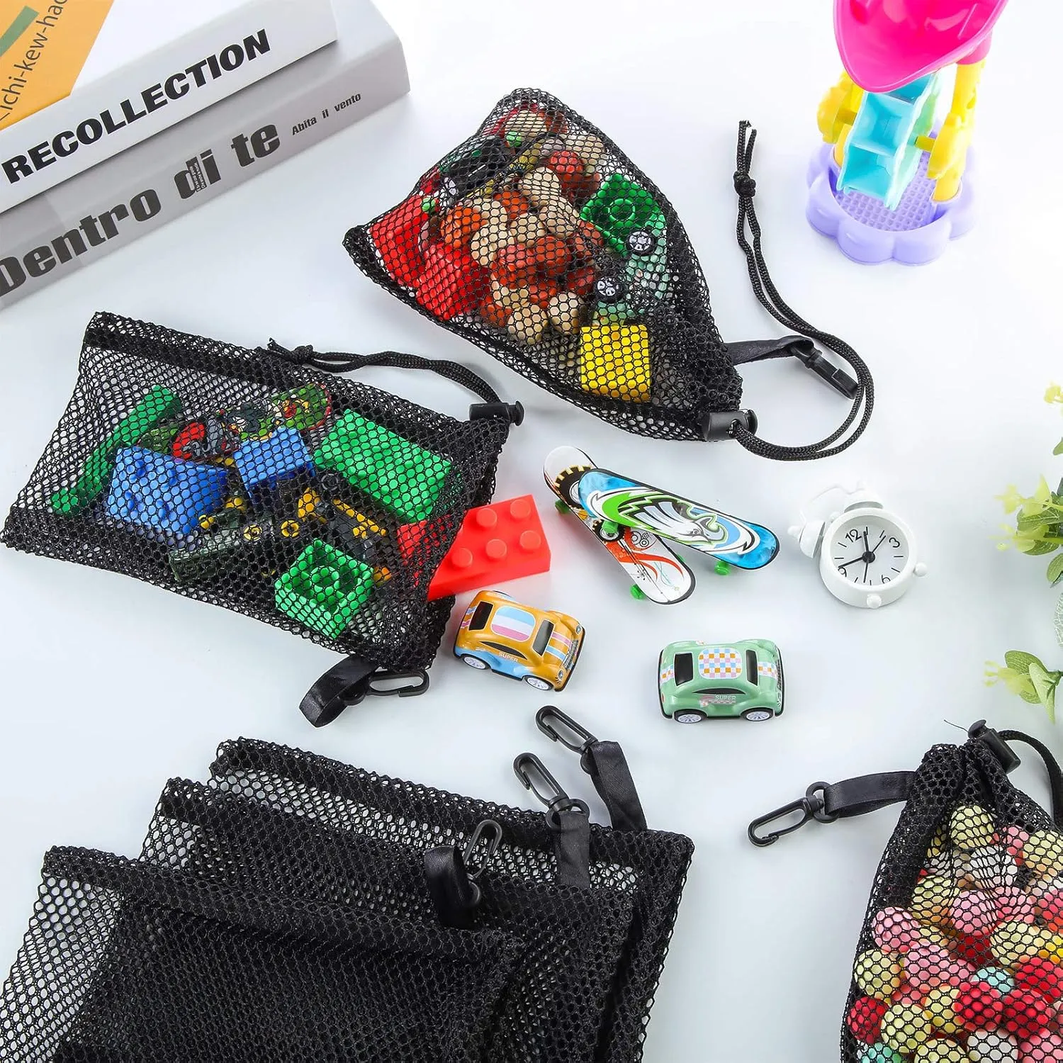 8 Pieces Black Mesh Drawstring Bags with Clips Small Nylon Storage Mesh Bags Shell Bag Dishwasher Net sack for Jewelry Beach Collecting Toys Gifts Travel Kitchen Favor(27.4 x 19 cm/ 10.8 x 7.5 Inch)