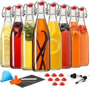 8 Set, 16 OZ Swing Top Glass Bottles - Flip Top Beer Brewing Bottles with Stopper for 2nd Fermentation, Kombucha, Mead Kefir, Vanilla Extract, Juice, Tea, Wine - Airtight Cap Lids, Bonus 2 Pourers