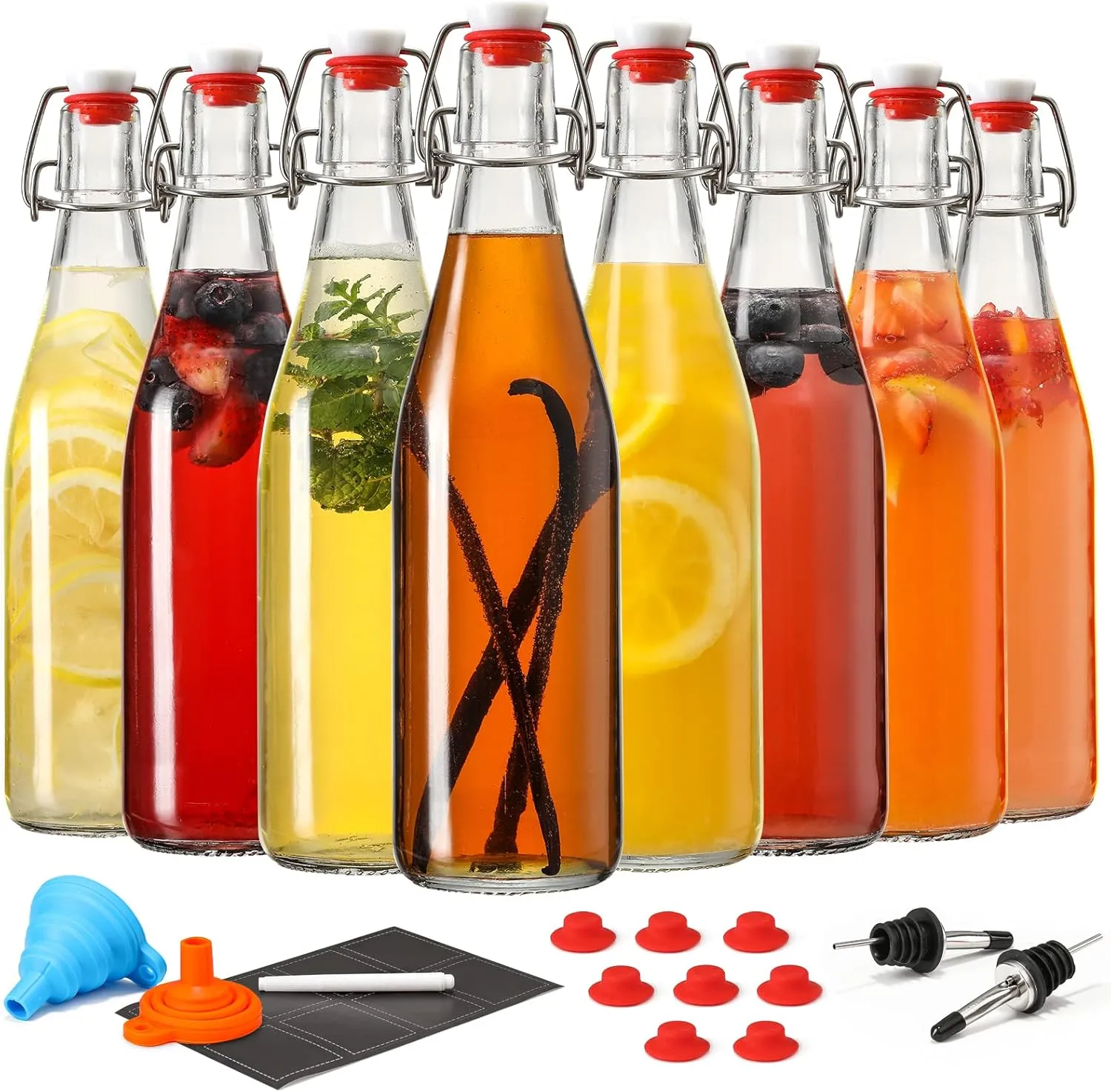 8 Set, 16 OZ Swing Top Glass Bottles - Flip Top Beer Brewing Bottles with Stopper for 2nd Fermentation, Kombucha, Mead Kefir, Vanilla Extract, Juice, Tea, Wine - Airtight Cap Lids, Bonus 2 Pourers