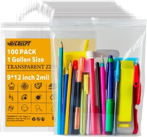 9"x12" 1 Gallon Clear Zip Bags with Reclosable Seal Zipper, 2 mil Thick Poly Baggies With Resealable Zip Top Lock For Home & Office supplies