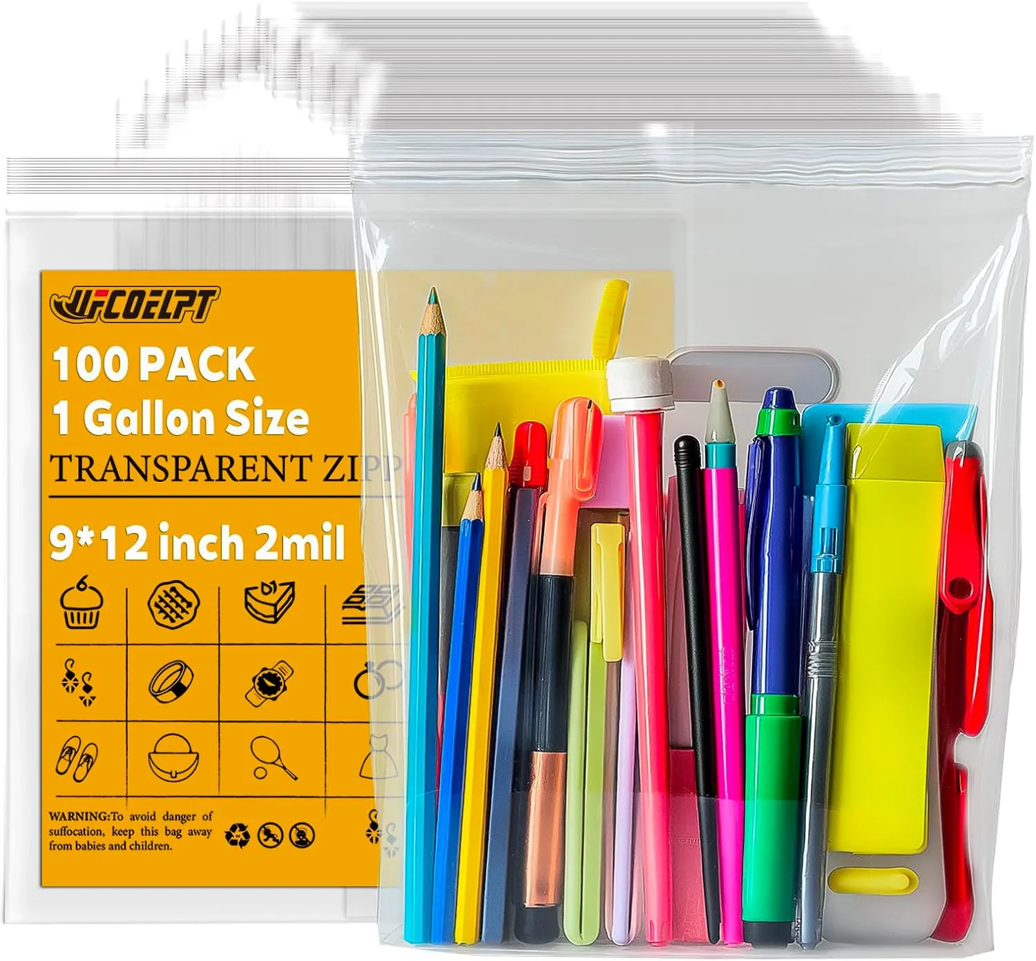 9"x12" 1 Gallon Clear Zip Bags with Reclosable Seal Zipper, 2 mil Thick Poly Baggies With Resealable Zip Top Lock For Home & Office supplies