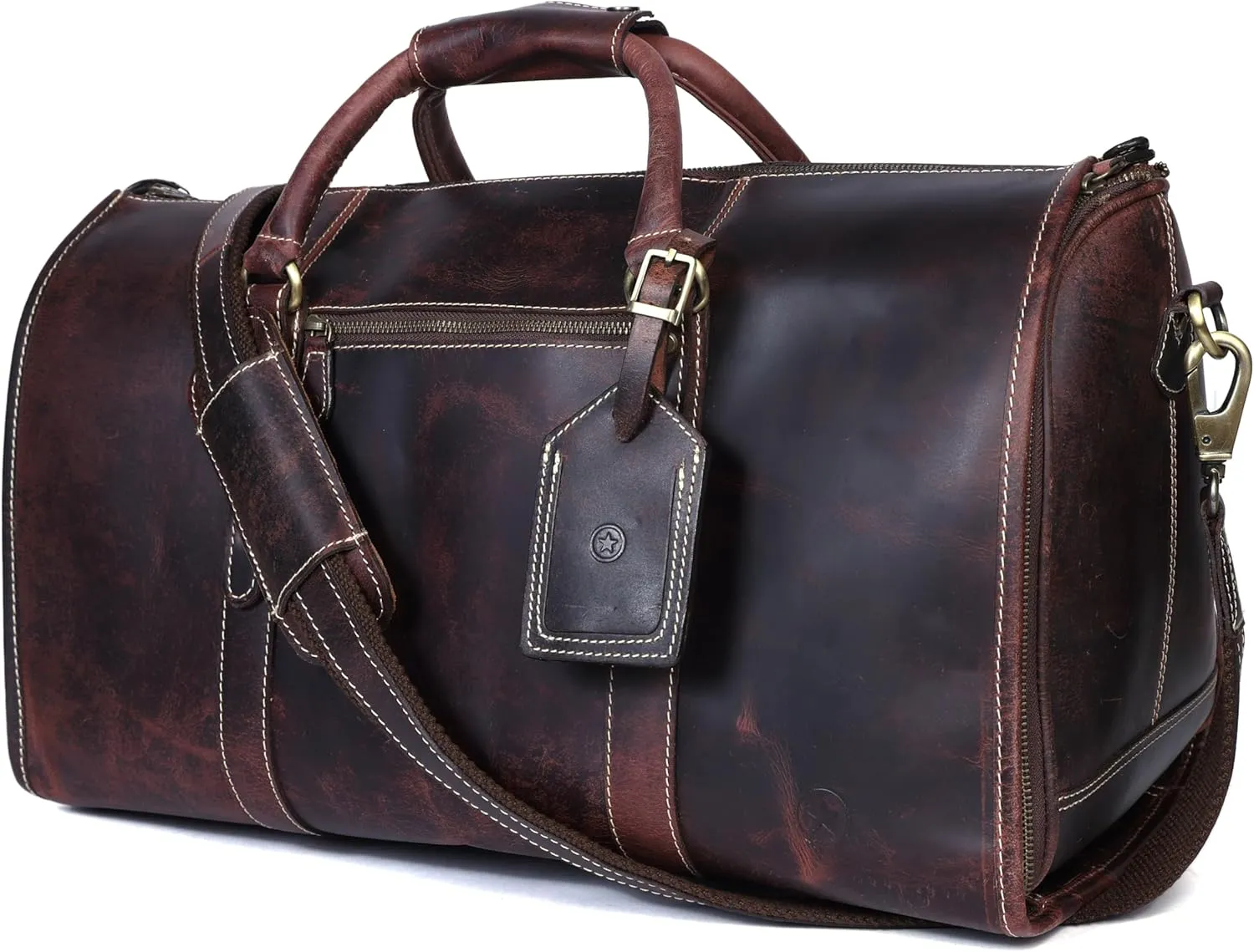 Aaron Leather Duffle Bag for Men & Women, 35L Travel Overnight Weekender Garment Duffel Bags, Carry On Mens Weekend Bag for Business, Traveling, Luggage Bag, Gift for Father Day - Walnut