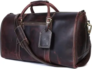Aaron Leather Duffle Bag for Men & Women, 35L Travel Overnight Weekender Garment Duffel Bags, Carry On Mens Weekend Bag for Business, Traveling, Luggage Bag, Gift for Father Day - Walnut