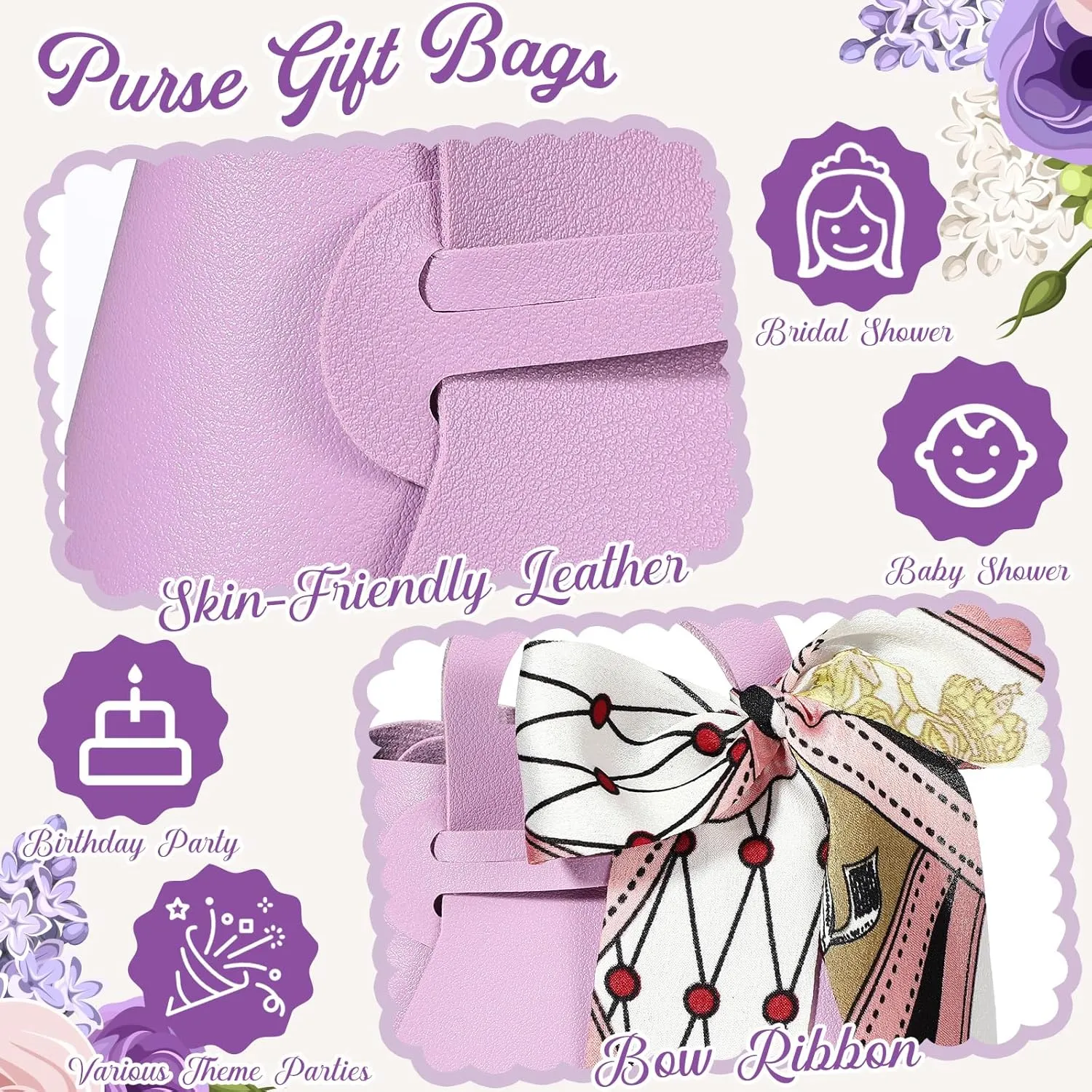 Abbylike 18 Pcs PU Leather Purse Gift Bags with Handles Ribbon Purse Party Favor Bags for Baby Showers Birthday Wedding Candy(Purple)