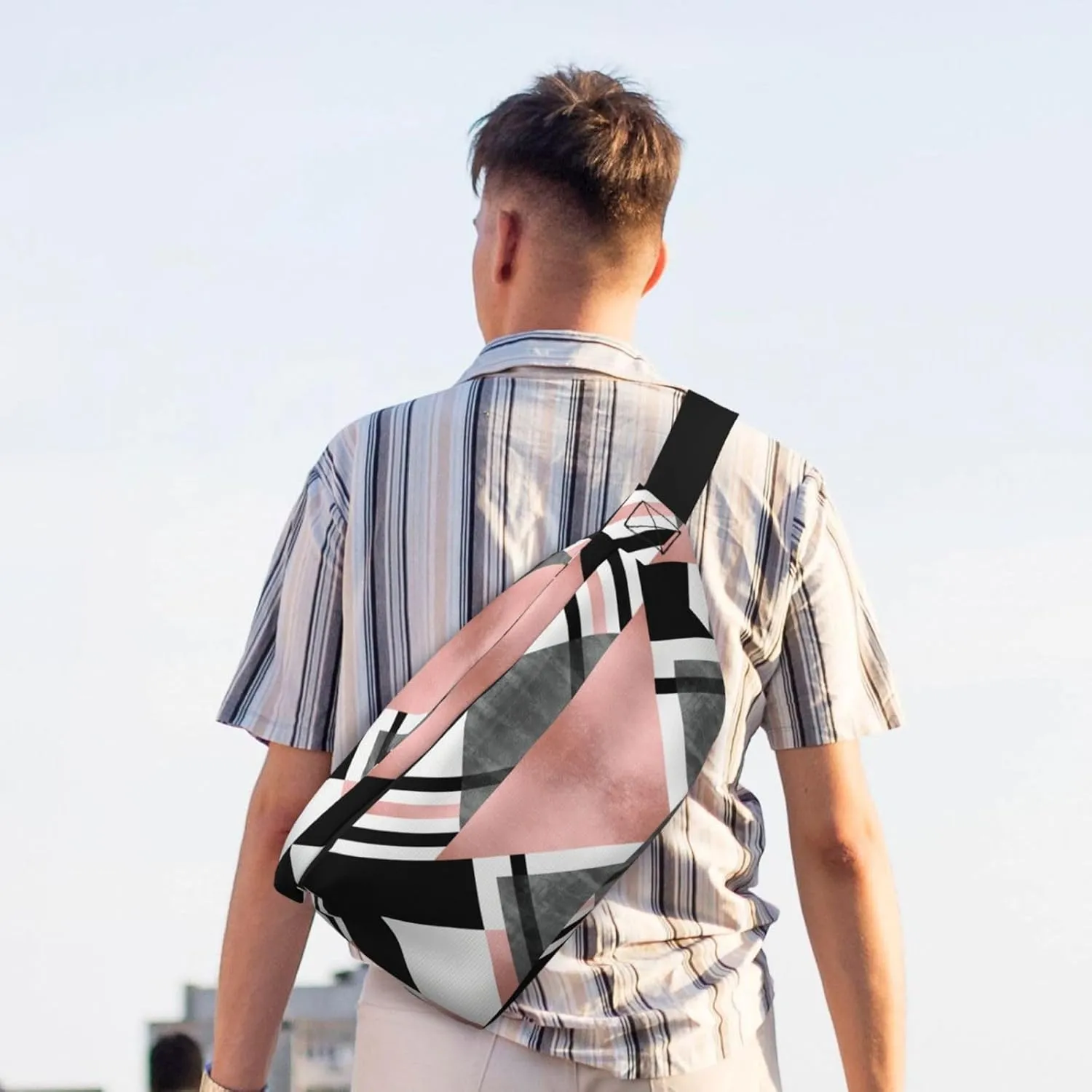 Abstract Triangle Striped Multi-Purpose Fanny Pack and Crossbody Bag - High Capacity with Zipper Pockets, Ideal for Men and Women