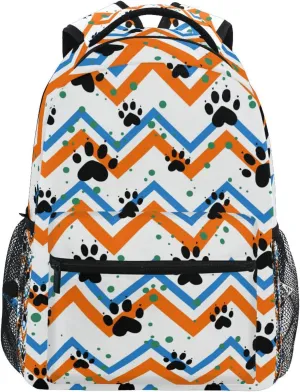 Acpiggto Backpack Daypack Shoulder Bag Cat Dog Footprints Paw Striped Zigzag Blue Orange Rucksack Bookbag Laptop Compartment