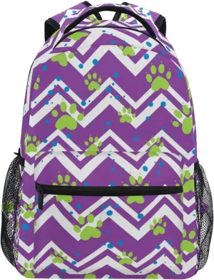 Acpiggto Backpack Daypack Shoulder Bag with Name Label Tag Cute Cat Dog Paw Footprints Purple Green Striped Luggage Bag for Gym Sports Casual Women Men