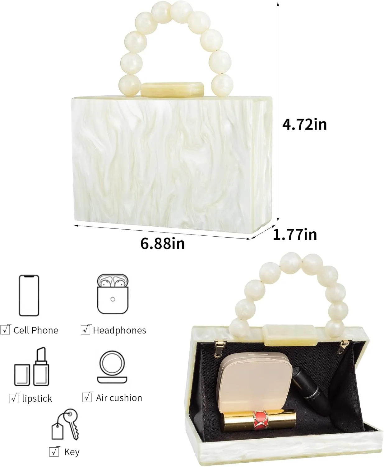 Acrylic Purses Evening Clutch Bag Marbling Handbags for Women Cross Body Bag with Pearl Chain Formal Wedding Prom Party