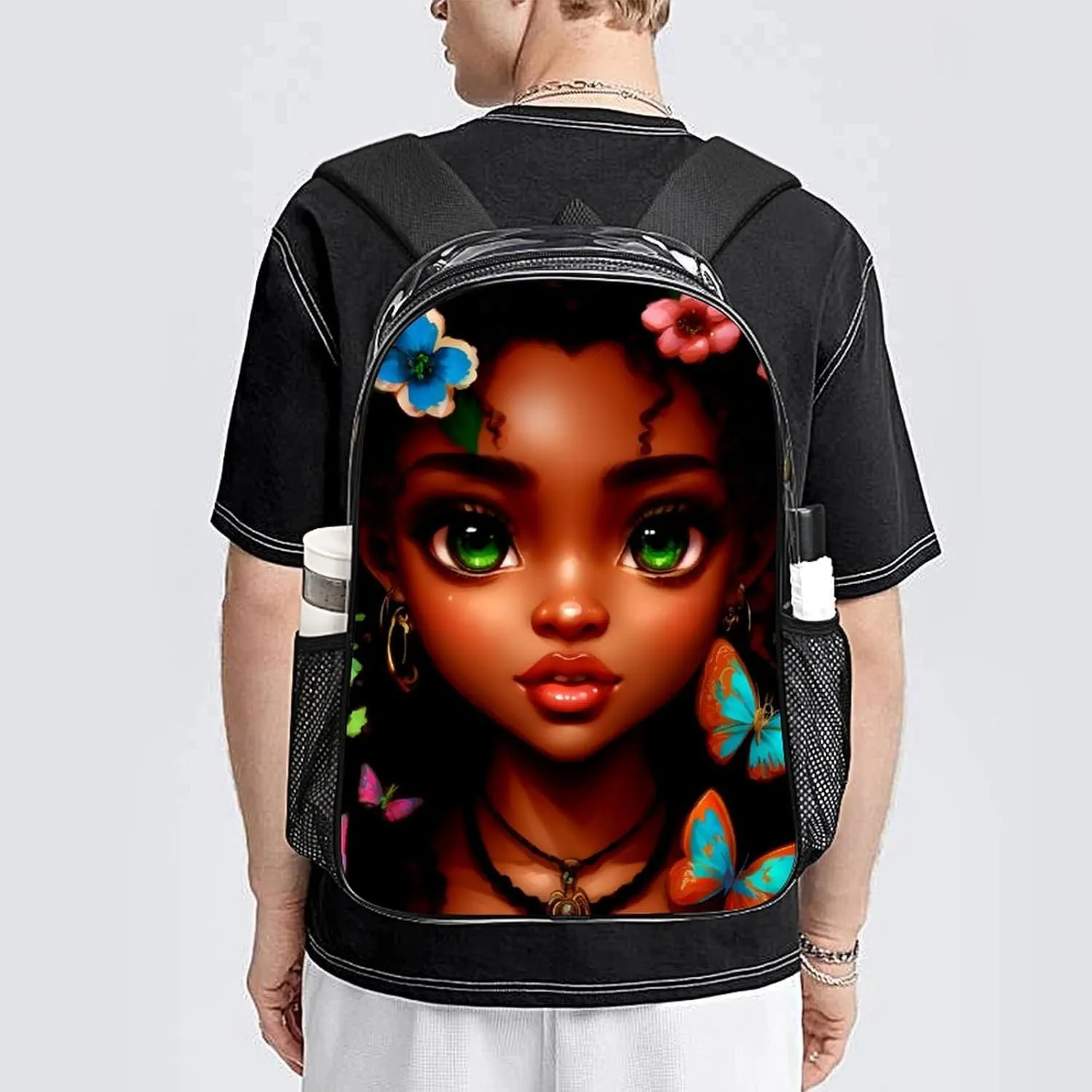 Adults Lightweight African American Women Black Women Butterfly Flower Art Rucksacks Large Capacity Bookbag Transparent Bag for Trekking Outdoors Bicycle