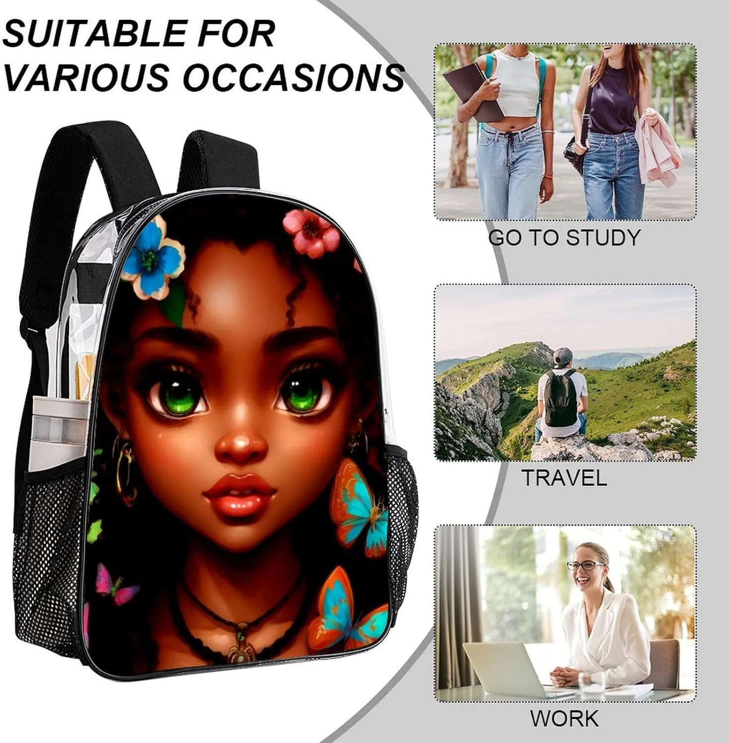 Adults Lightweight African American Women Black Women Butterfly Flower Art Rucksacks Large Capacity Bookbag Transparent Bag for Trekking Outdoors Bicycle