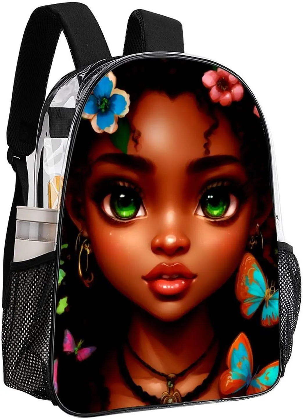 Adults Lightweight African American Women Black Women Butterfly Flower Art Rucksacks Large Capacity Bookbag Transparent Bag for Trekking Outdoors Bicycle