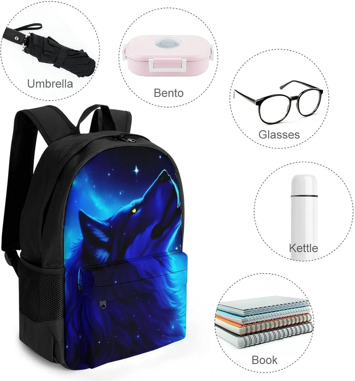 Adults Lightweight Blue Universe Galaxy Magic Wolf In The Space Art Rucksacks Large Capacity Bookbag With Adjustable Shoulder Straps for Trekking Outdoors Bicycle