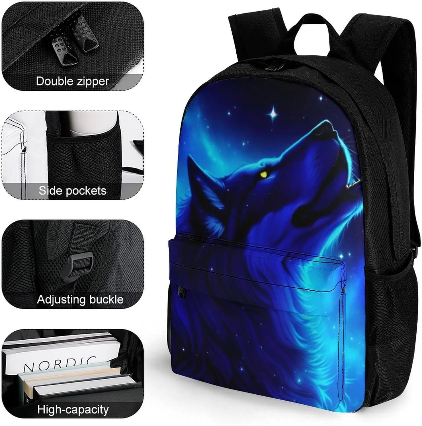 Adults Lightweight Blue Universe Galaxy Magic Wolf In The Space Art Rucksacks Large Capacity Bookbag With Adjustable Shoulder Straps for Trekking Outdoors Bicycle