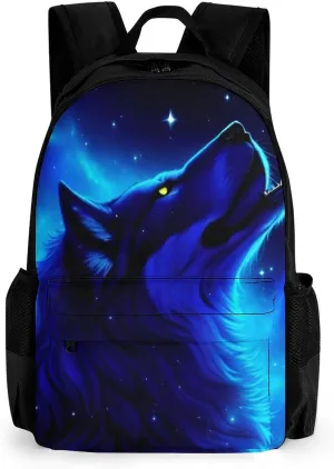 Adults Lightweight Blue Universe Galaxy Magic Wolf In The Space Art Rucksacks Large Capacity Bookbag With Adjustable Shoulder Straps for Trekking Outdoors Bicycle