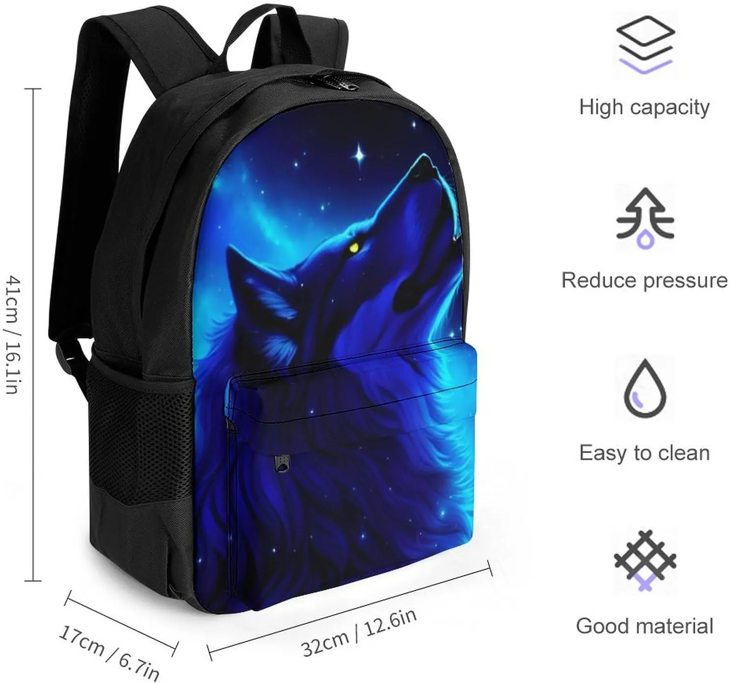 Adults Lightweight Blue Universe Galaxy Magic Wolf In The Space Art Rucksacks Large Capacity Bookbag With Adjustable Shoulder Straps for Trekking Outdoors Bicycle