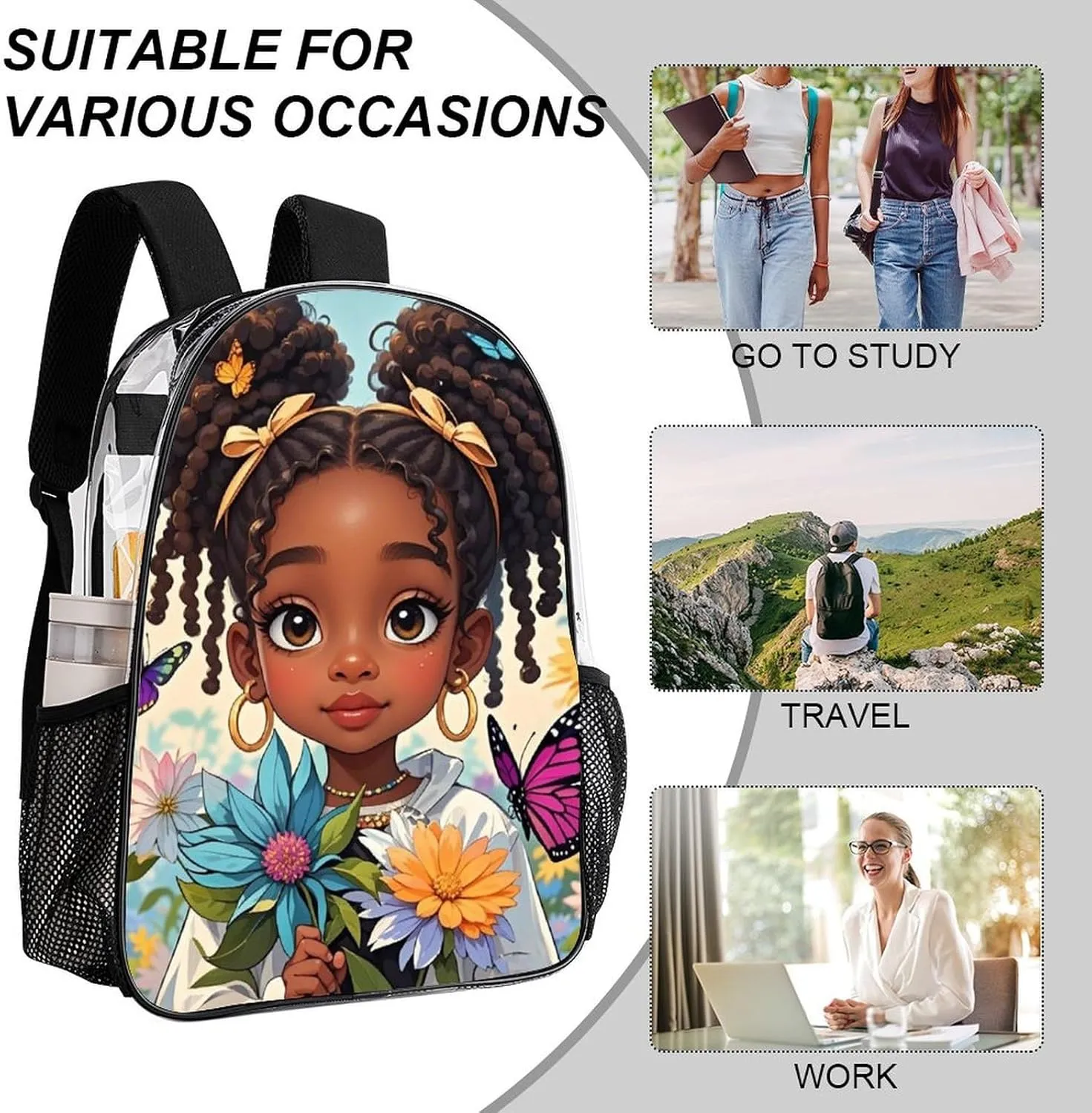 Adults Lightweight Colorful Afro American Black Women With Butterflies Art Rucksacks Large Capacity Bookbag Transparent Bag for Trekking Outdoors Bicycle
