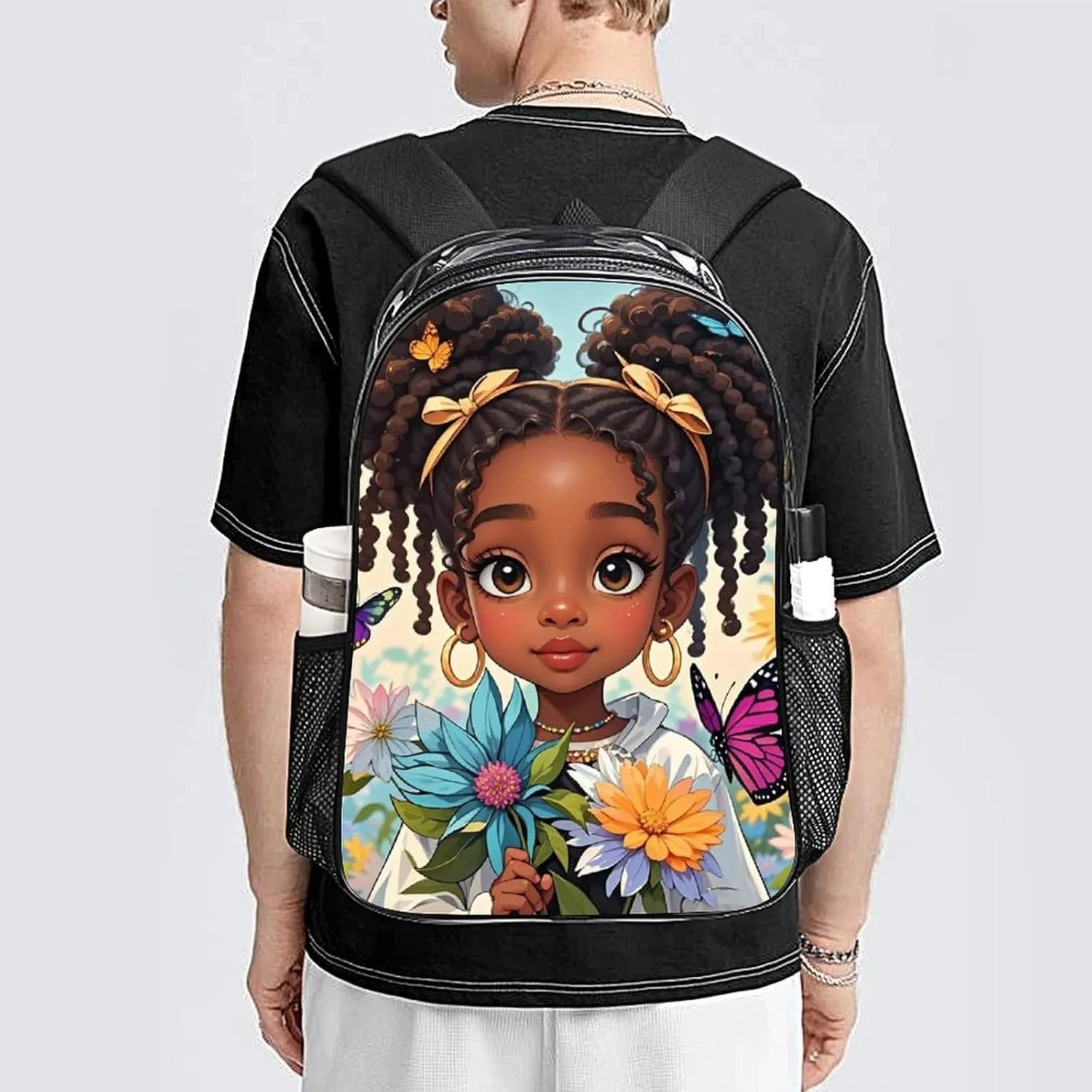 Adults Lightweight Colorful Afro American Black Women With Butterflies Art Rucksacks Large Capacity Bookbag Transparent Bag for Trekking Outdoors Bicycle