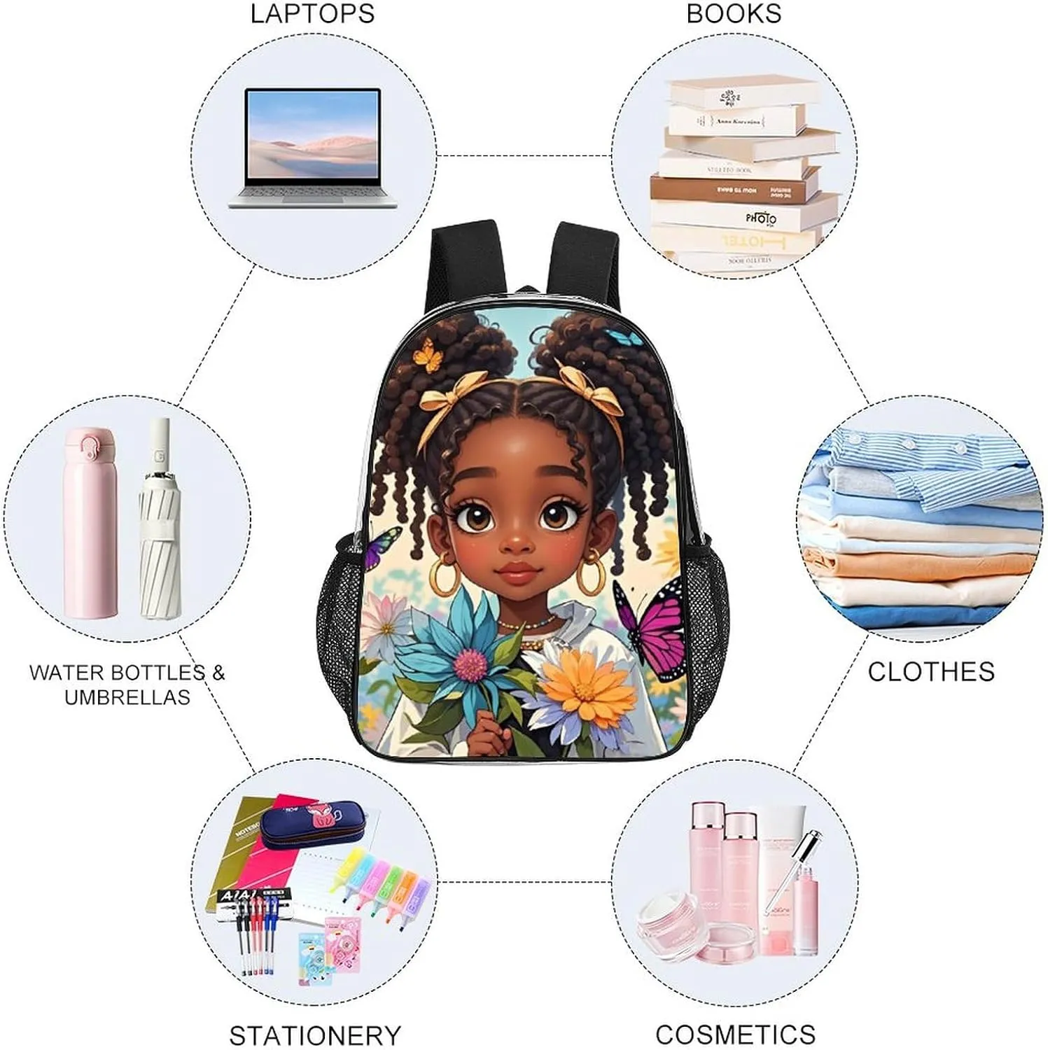 Adults Lightweight Colorful Afro American Black Women With Butterflies Art Rucksacks Large Capacity Bookbag Transparent Bag for Trekking Outdoors Bicycle
