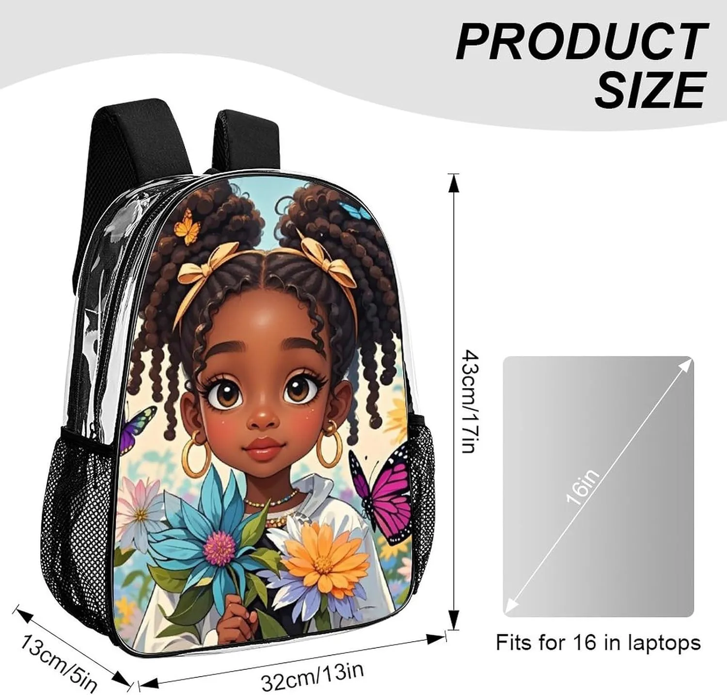 Adults Lightweight Colorful Afro American Black Women With Butterflies Art Rucksacks Large Capacity Bookbag Transparent Bag for Trekking Outdoors Bicycle
