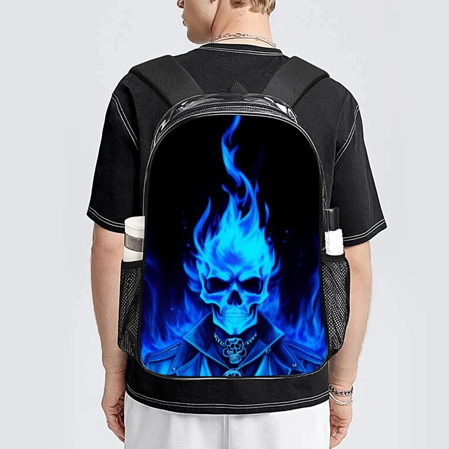 Adults Lightweight Flaming Blue Cool Skull Art Rucksacks Large Capacity Bookbag Transparent Bag for Trekking Outdoors Bicycle