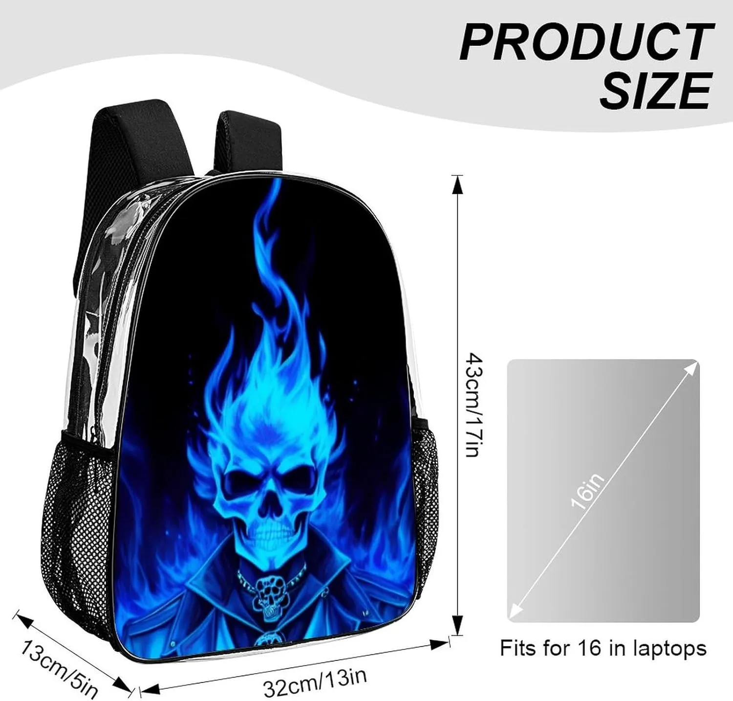 Adults Lightweight Flaming Blue Cool Skull Art Rucksacks Large Capacity Bookbag Transparent Bag for Trekking Outdoors Bicycle