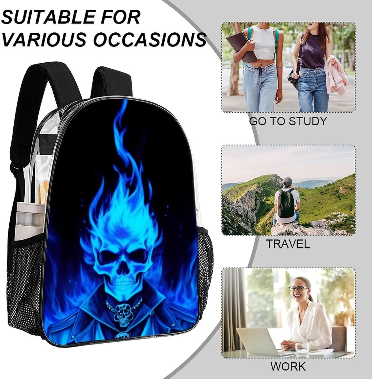 Adults Lightweight Flaming Blue Cool Skull Art Rucksacks Large Capacity Bookbag Transparent Bag for Trekking Outdoors Bicycle
