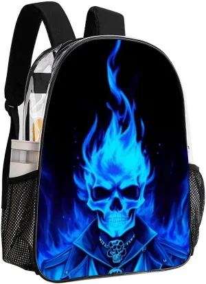Adults Lightweight Flaming Blue Cool Skull Art Rucksacks Large Capacity Bookbag Transparent Bag for Trekking Outdoors Bicycle