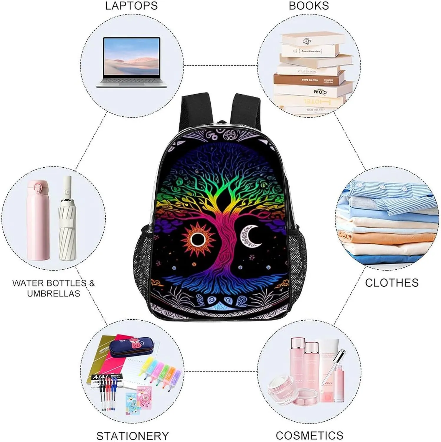 Adults Lightweight Sun And Moon Tree Of Life Art Rucksacks Large Capacity Bookbag Transparent Bag for Trekking Outdoors Bicycle