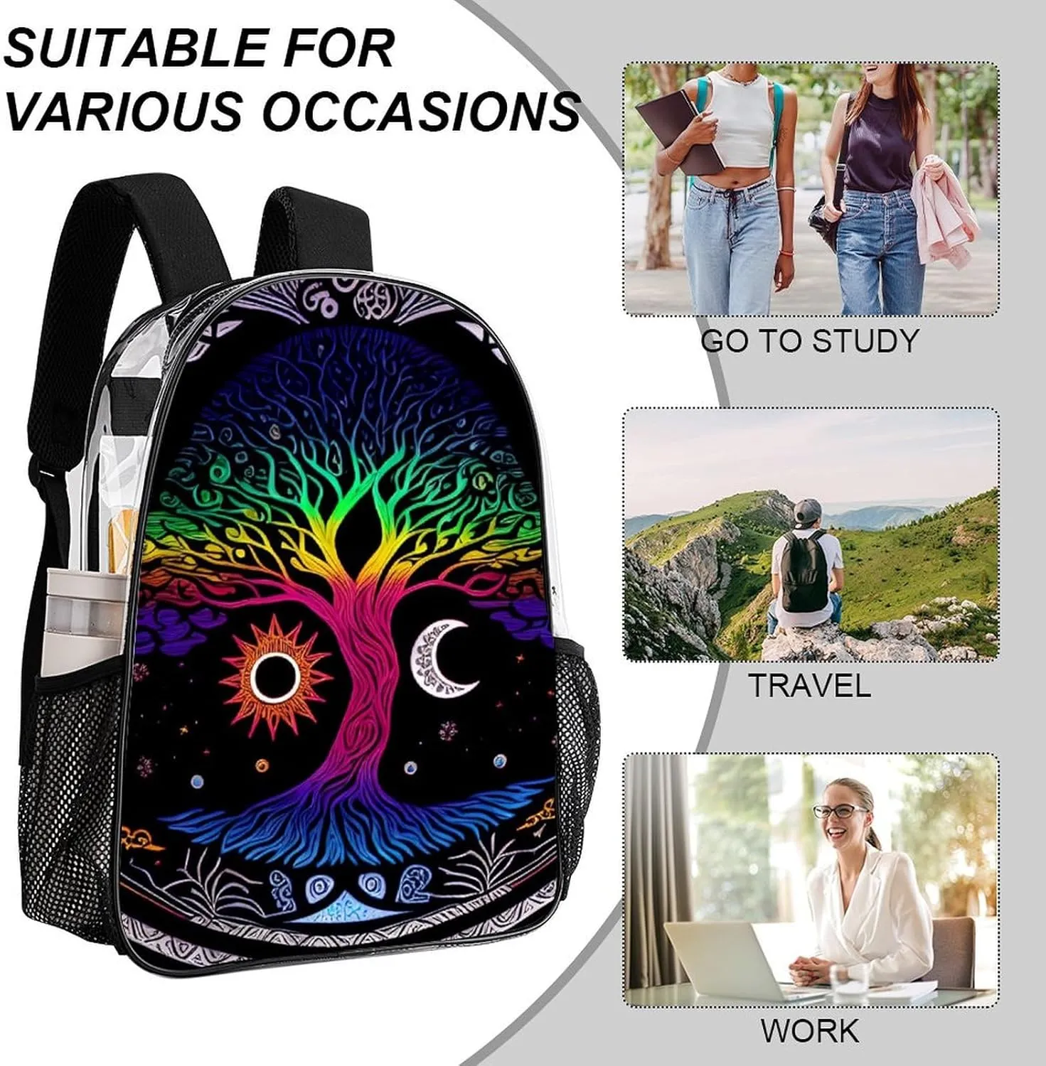 Adults Lightweight Sun And Moon Tree Of Life Art Rucksacks Large Capacity Bookbag Transparent Bag for Trekking Outdoors Bicycle