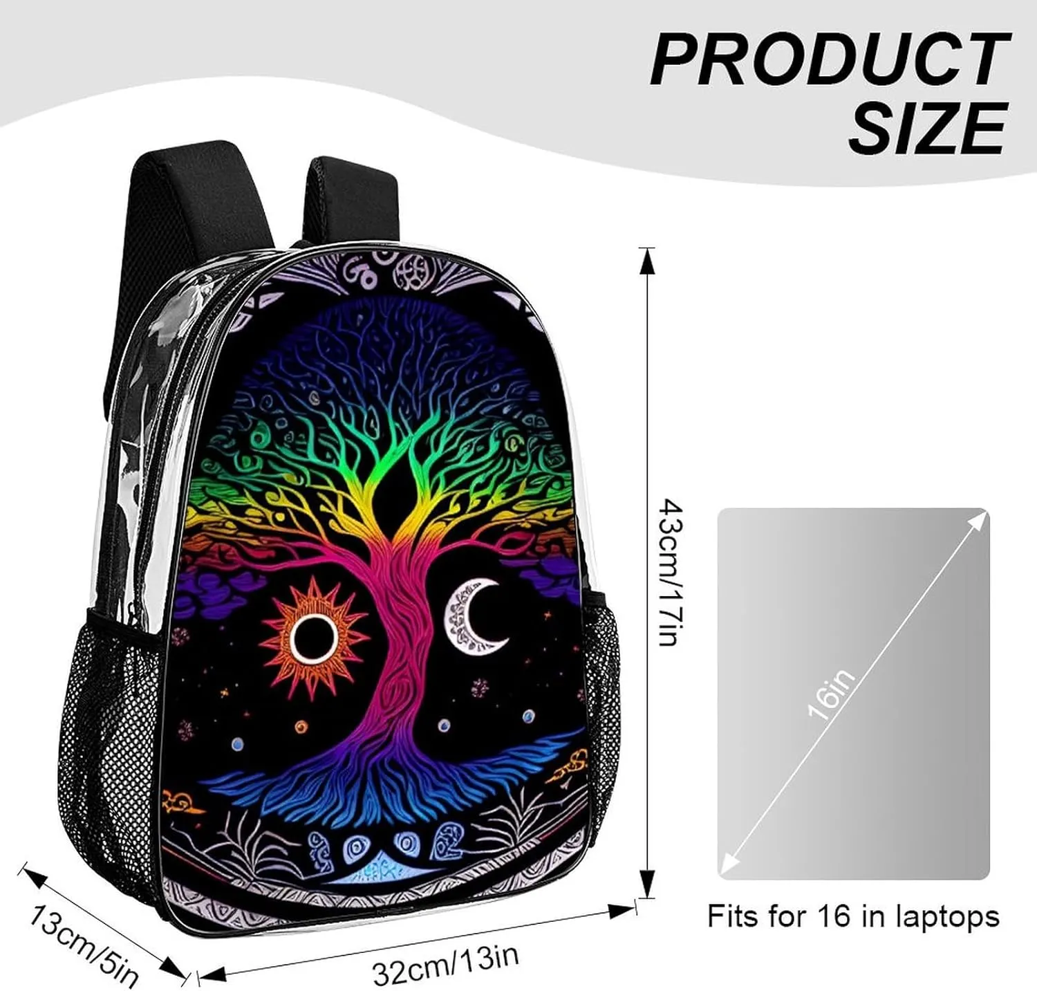 Adults Lightweight Sun And Moon Tree Of Life Art Rucksacks Large Capacity Bookbag Transparent Bag for Trekking Outdoors Bicycle